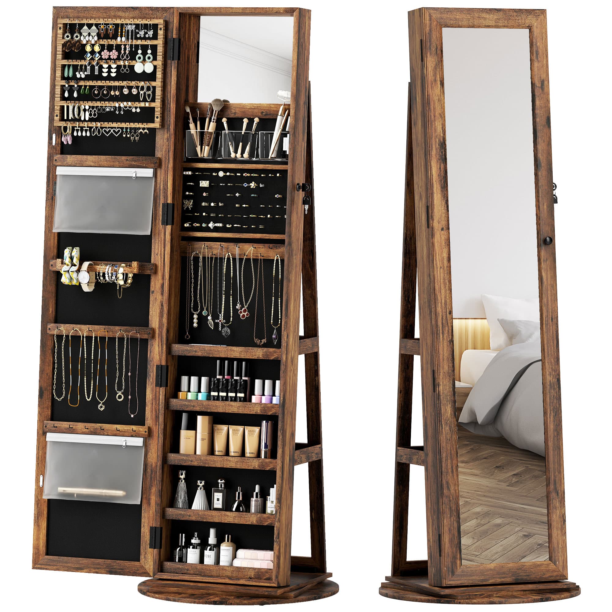 HOMCOM Miroir à Bijoux sur Pied avec Rotation à 360°, 55x55x161 cm, Marron Rustique