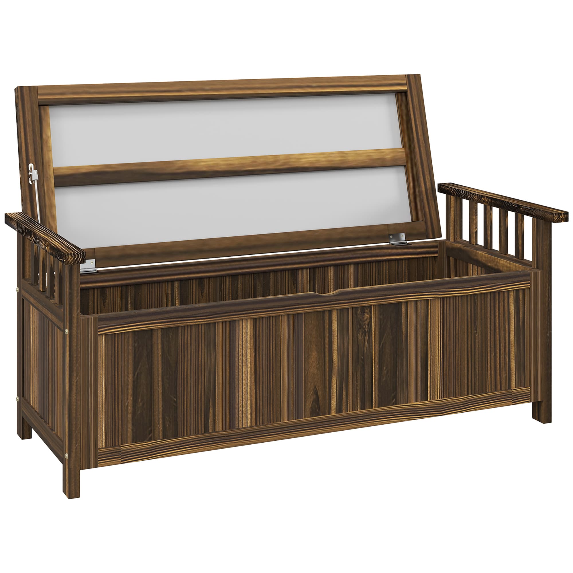 Outsunny Banc de Jardin en Bois pour Deux Personnes, Banc de Jardin Résistant aux Intempéries avec Rangement Accoudoirs 128,5 x 56 x 53,5 cm, Charbon de Bois