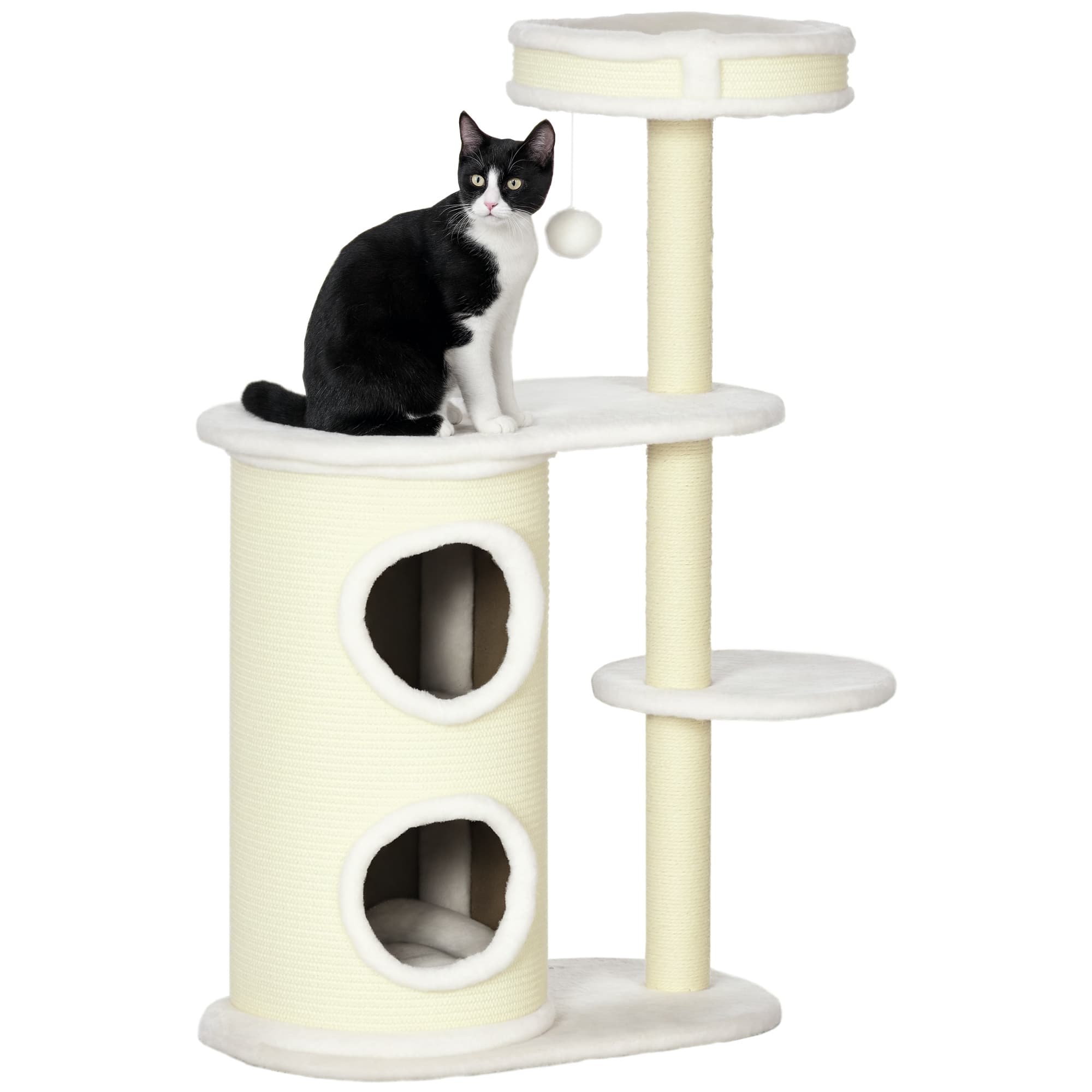 PawHut Arbre à chat 2 griffoirs sisal naturel niche cylindrique 2 plateformes pompon suspendu peluche blanc crème