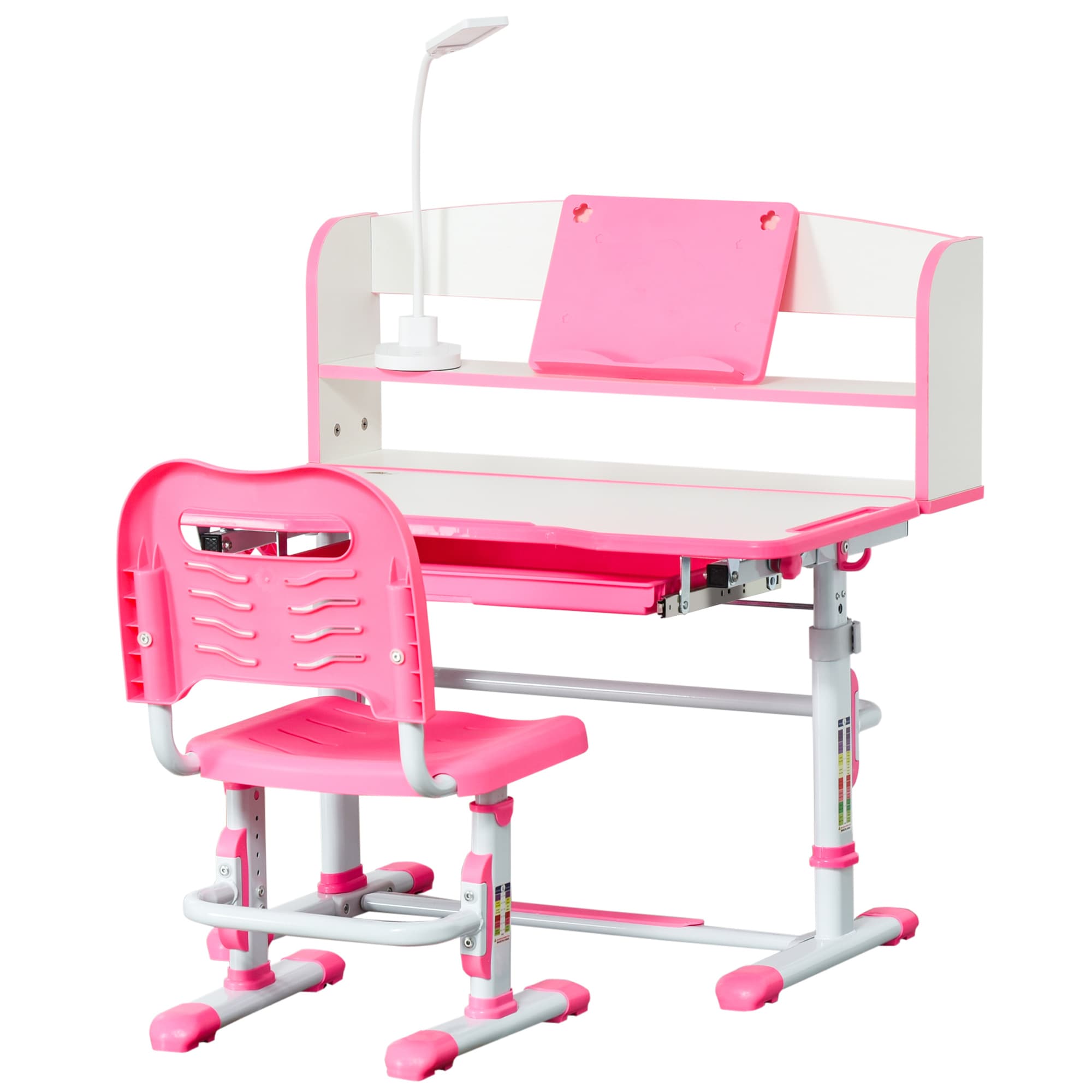 HOMCOM Bureau Scolaire pour Enfants 6-12 Ans Réglable avec Lampe LED, Liseuse et Porte-Stylos, en MDF, PP et Acier, Rose