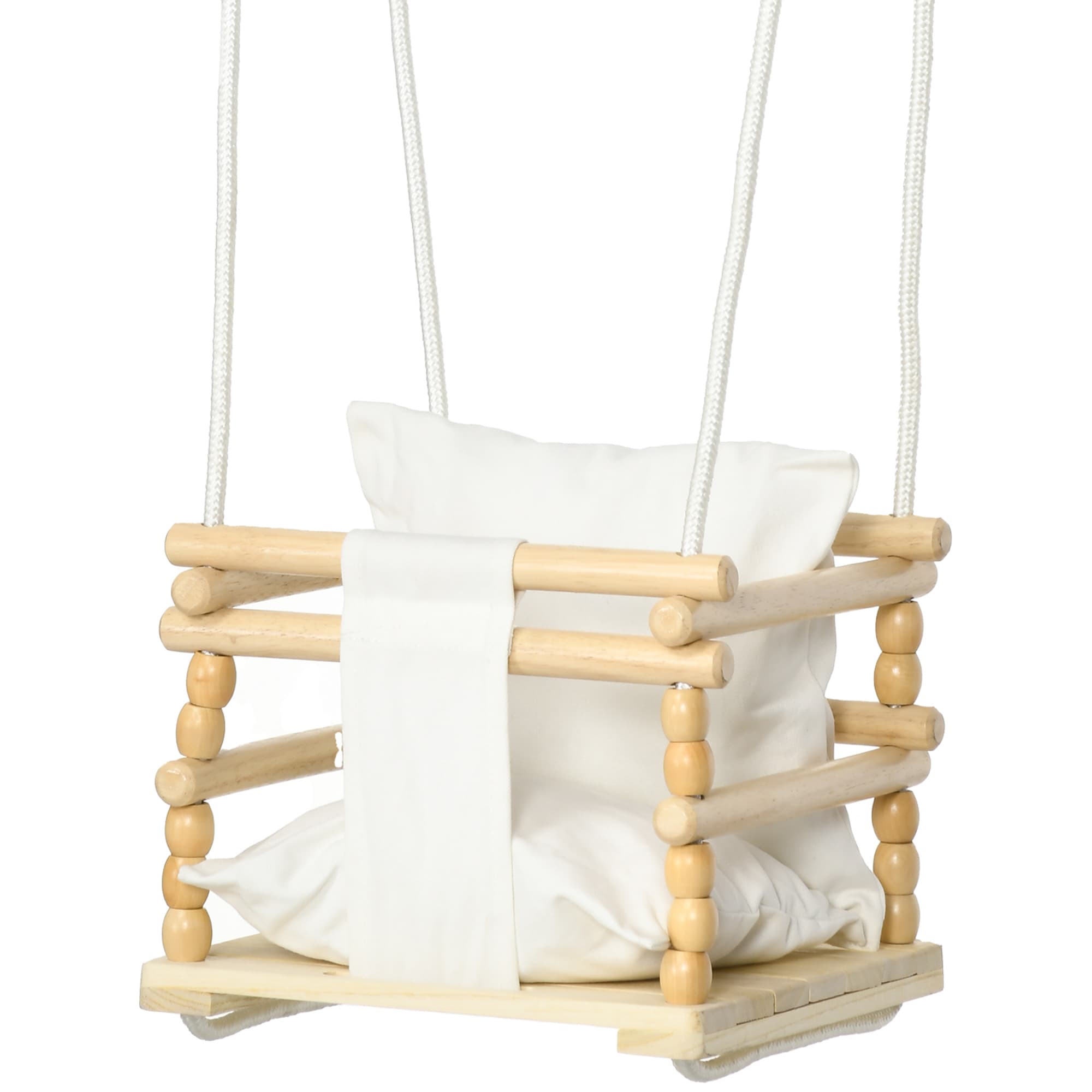 AIYAPLAY Balançoire pour Enfants 9-36 Mois en Bois et Coton avec Corde Réglable et Coussin, 30x30x110-180 cm