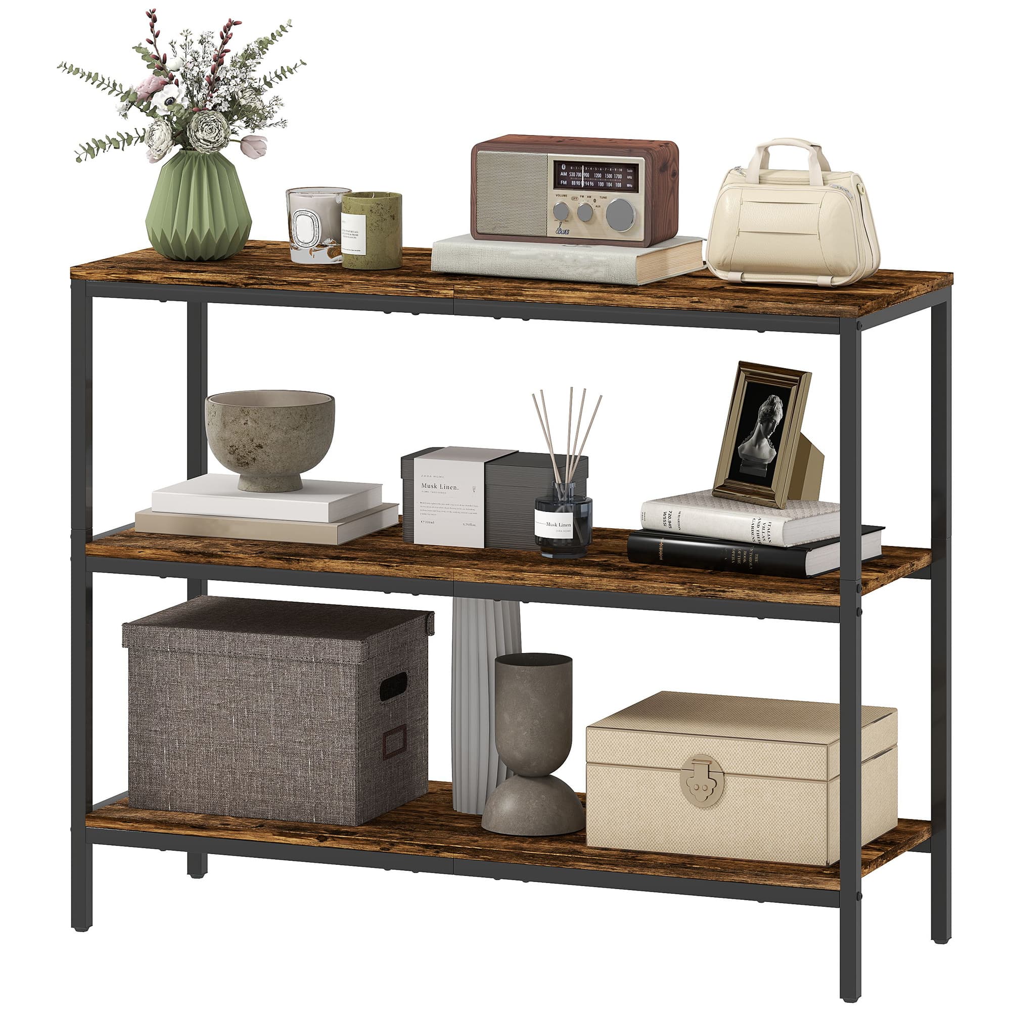 HOMCOM Console Table, Table d'Appoint avec Étagère à 3 Niveaux, Aggloméré, Métal, Brun Clair