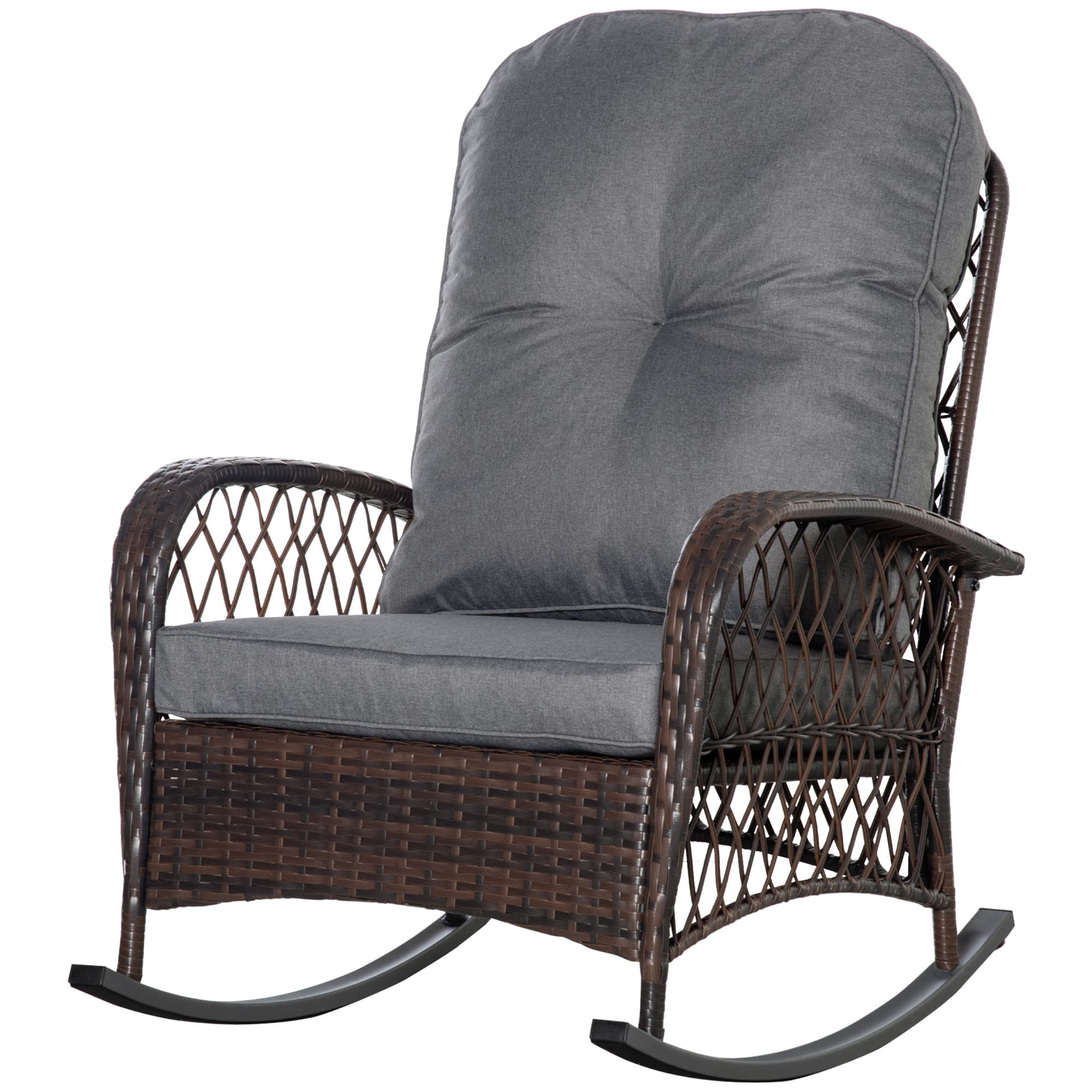 Outsunny Rocking-Chair Rembourré avec Boutonnière Rotin en PE Acier Marron + Gris