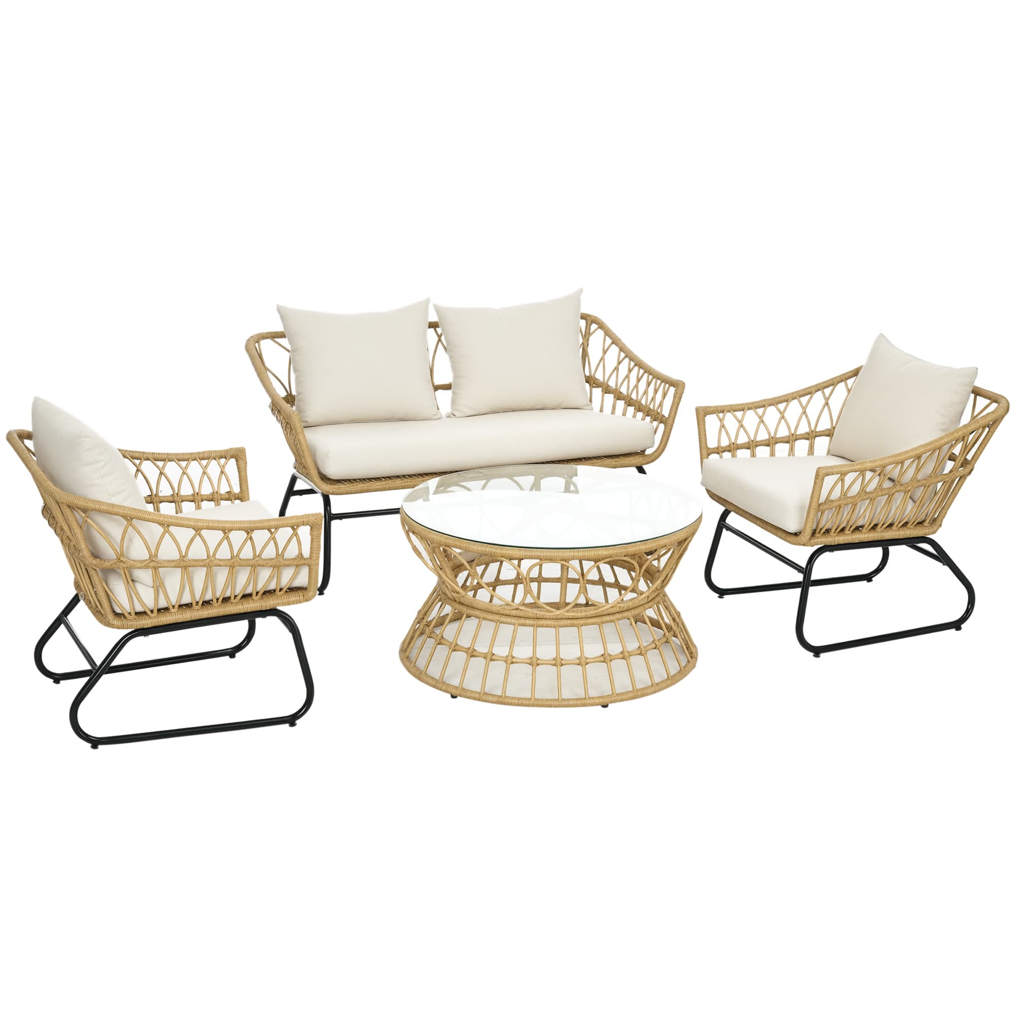 Outsunny Salon de jardin 4 pièces en résine tressée canapé 2 places + 2 fauteuils + 1 table basse sable et crème Aosom France