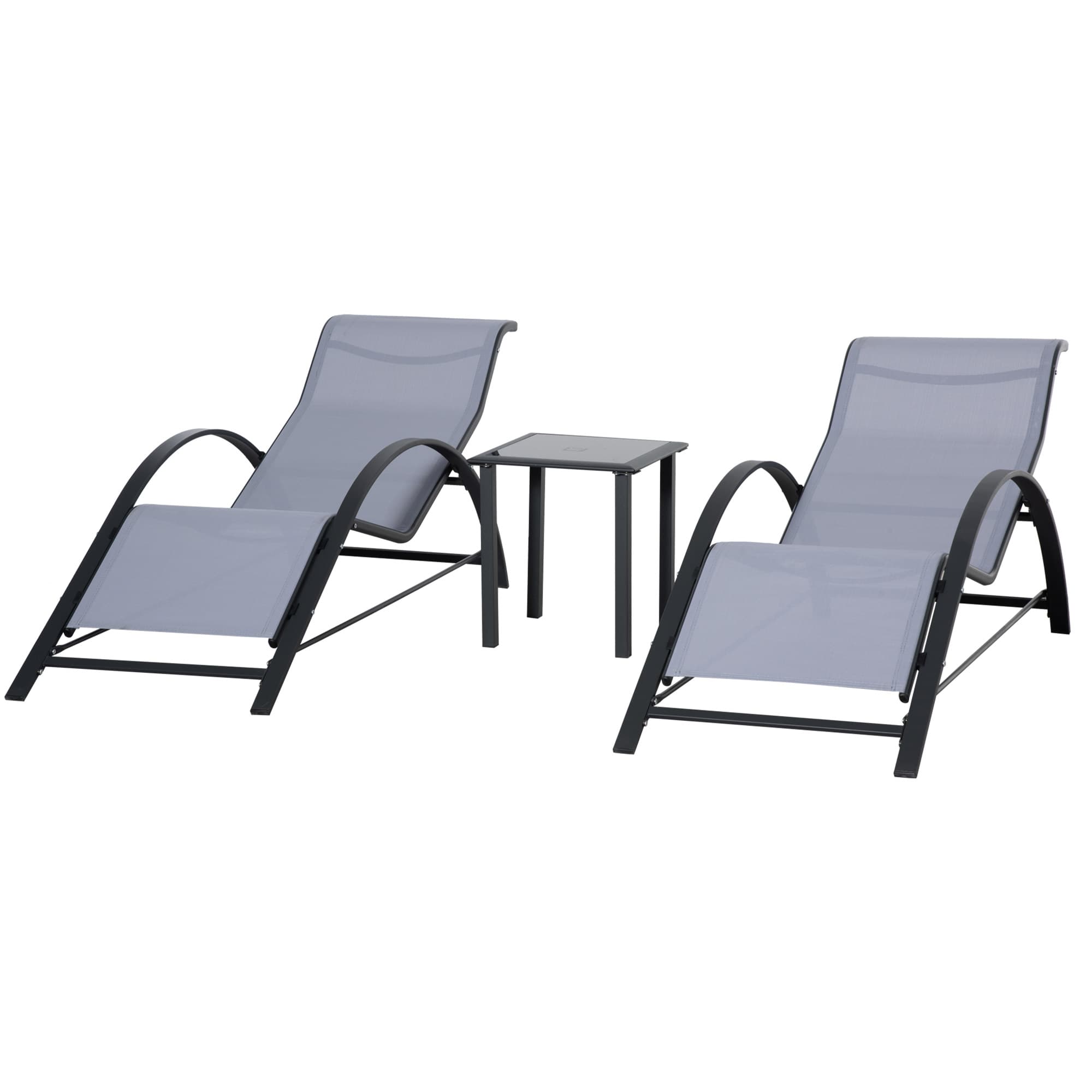 Outsunny 2 Chaises Longues de Jardin 59x169x66 cm avec Table Basse 41x41x45 cm en Verre Accoudoirs pour Patio Piscine Terrasse Gris