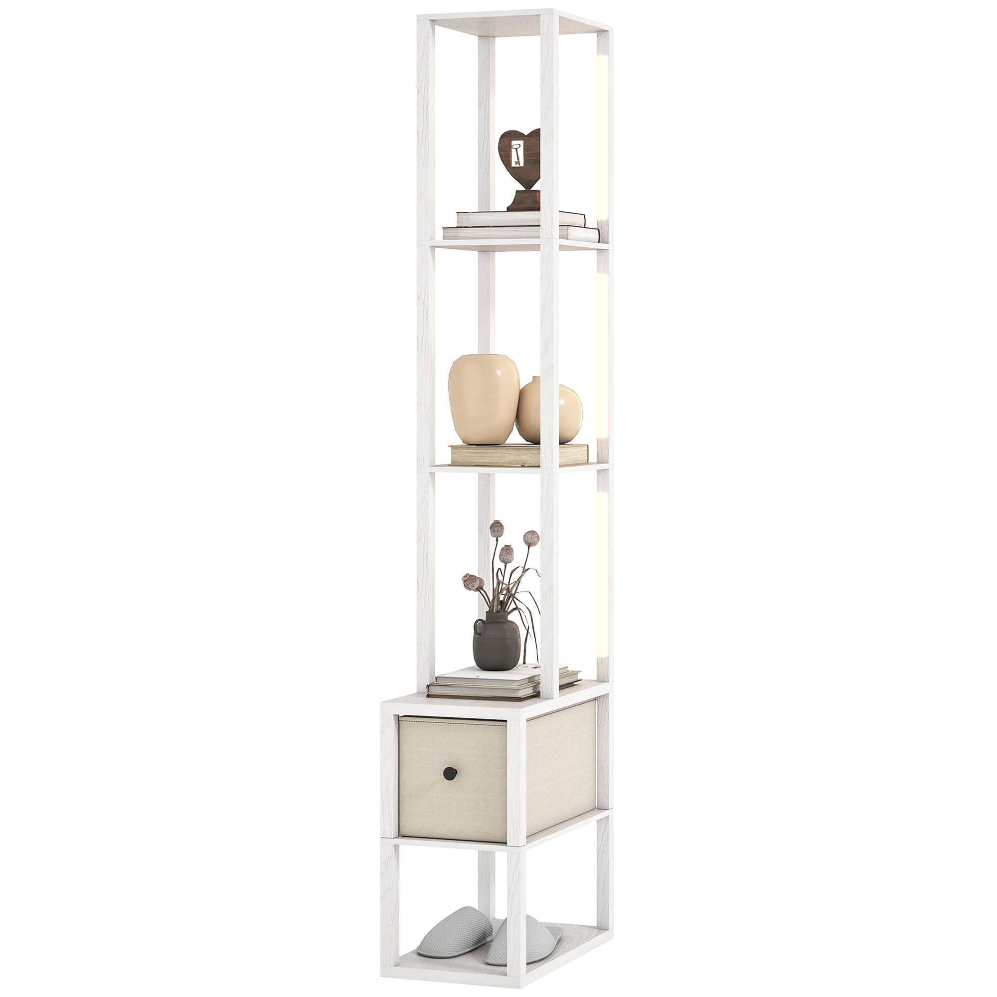 HOMCOM Lampadaire Moderne avec Étagères Ouvertes Tiroir en Tissu et Interrupteur au Sol pour Chambre Salon Blanc