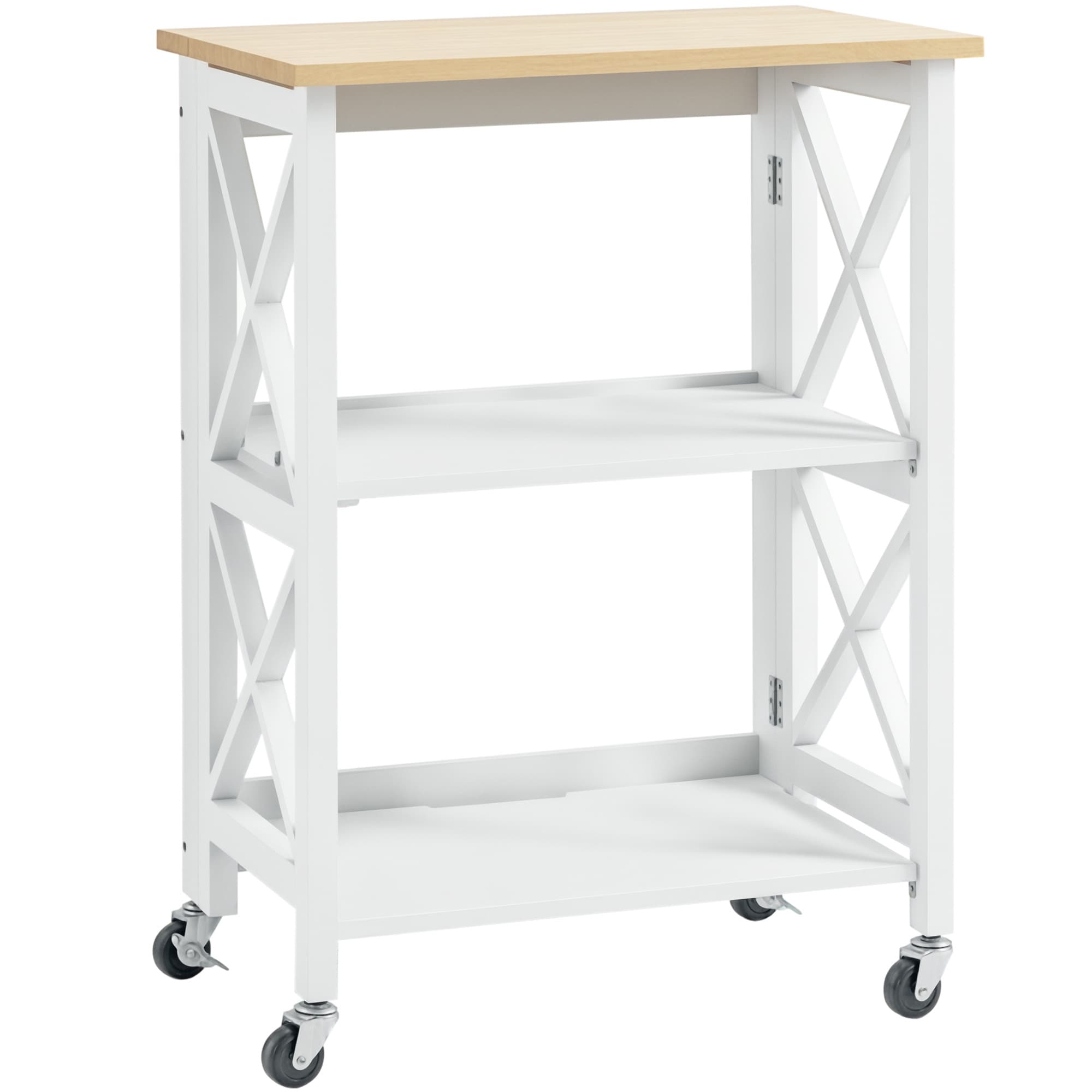 HOMCOM Chariot de service desserte de cuisine à roulettes pliante avec 2 étagères, plan de travail en bois hévéa - 60 x 40 x 84 cm - blanc
