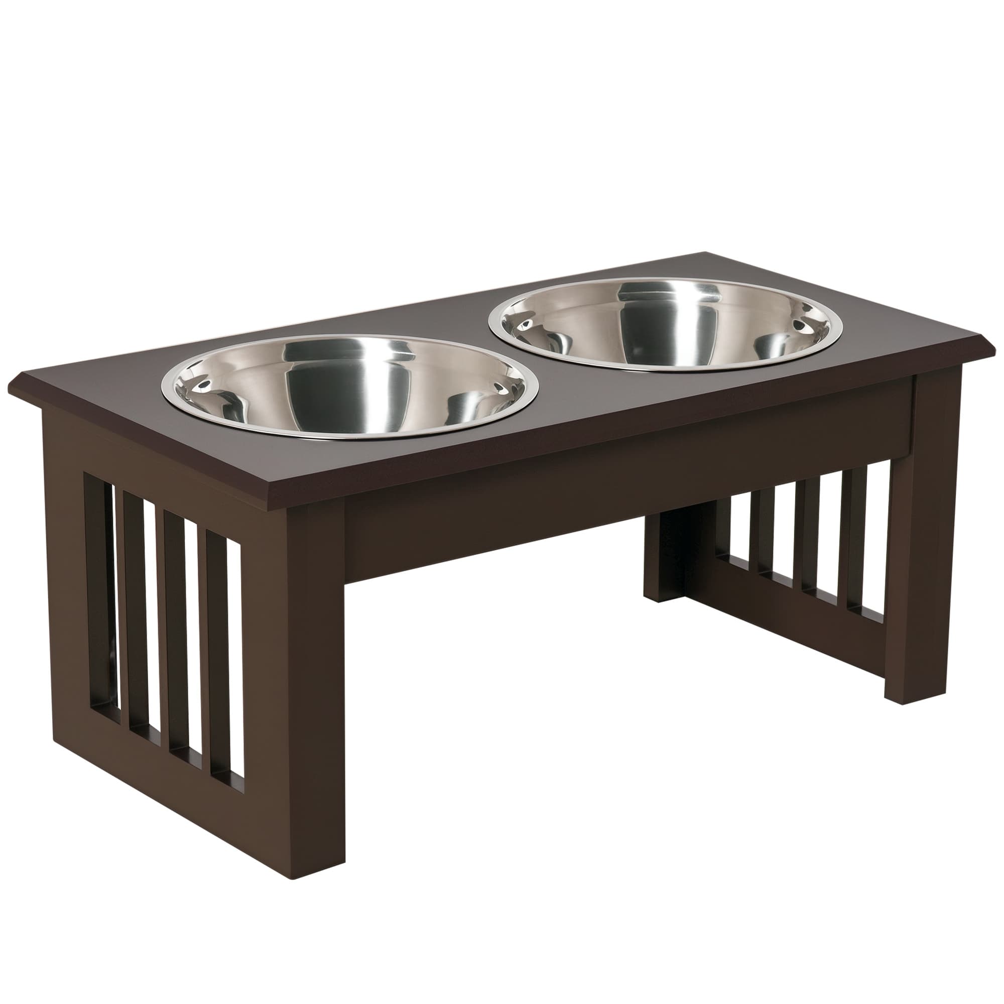 PawHut Gamelle Surélevée Double en Bois Chocolat avec 2 Bols Inox 0,9L pour Chiens/Chats Aosom France