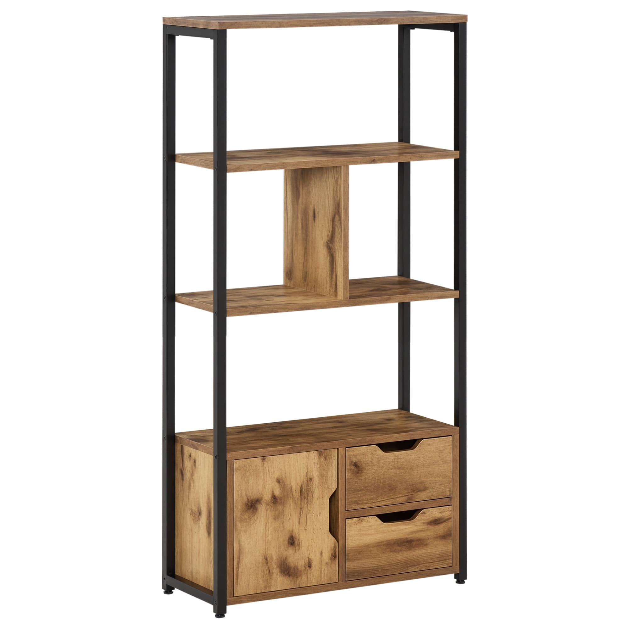 HOMCOM Étagère de rangement style indusriel meuble bibliothèque avec placard et tiroirs panneaux de particules acier aspect vieux bois noir