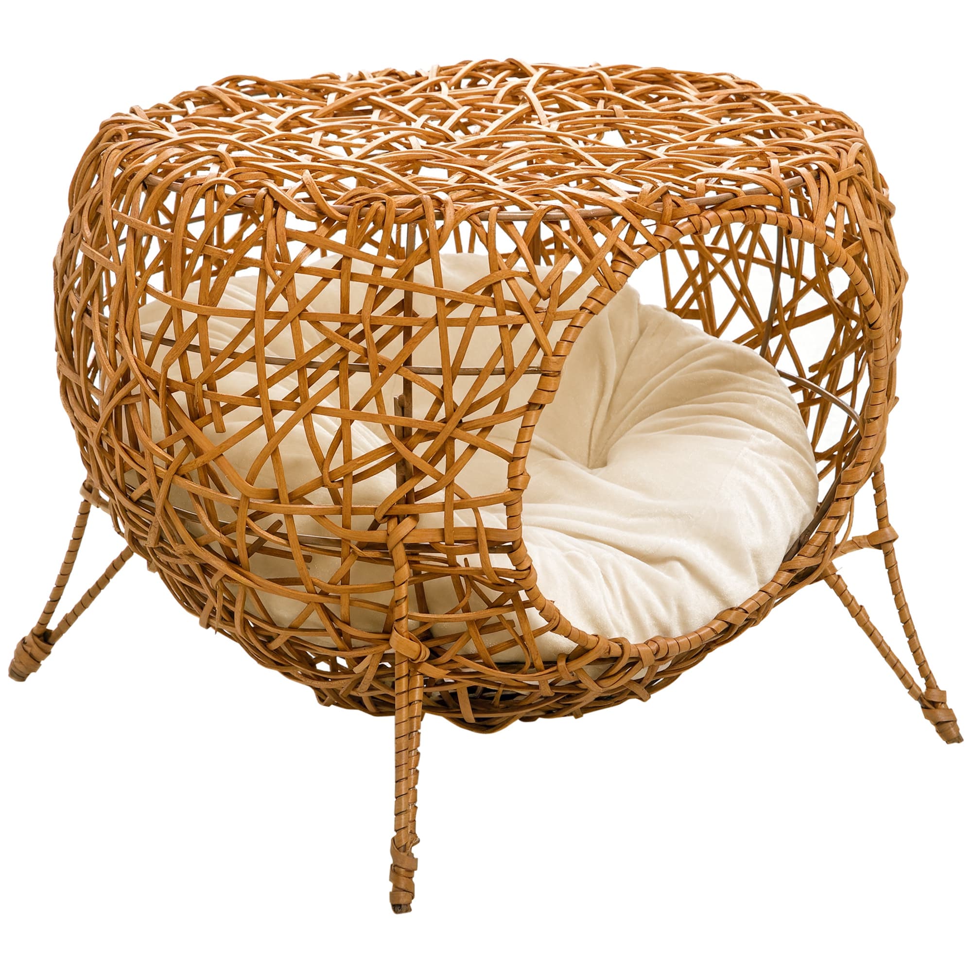 PawHut Niche Panier Rotin Coussin Épais Marron Clair Ø 40x32cm Style Naturel pour Chat Aosom France