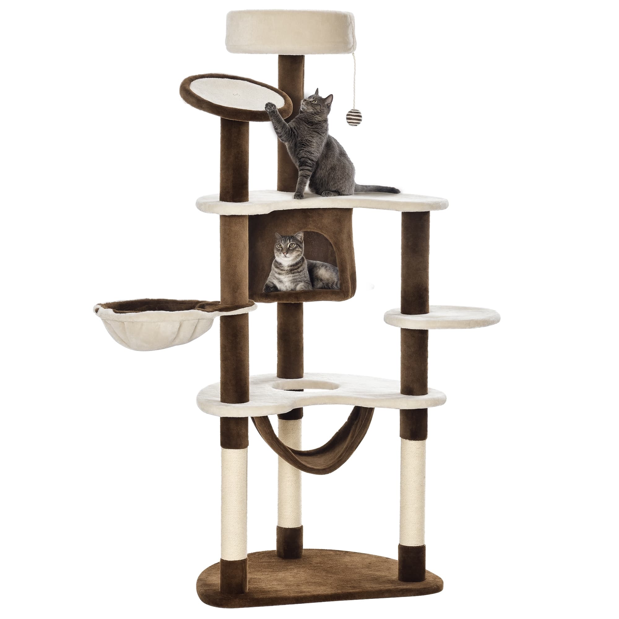 PawHut Arbre à Chat avec plateformes, griffoirs, grattoir, panier, niche, hamac65L x 50I x 153H cm Beige et Marron