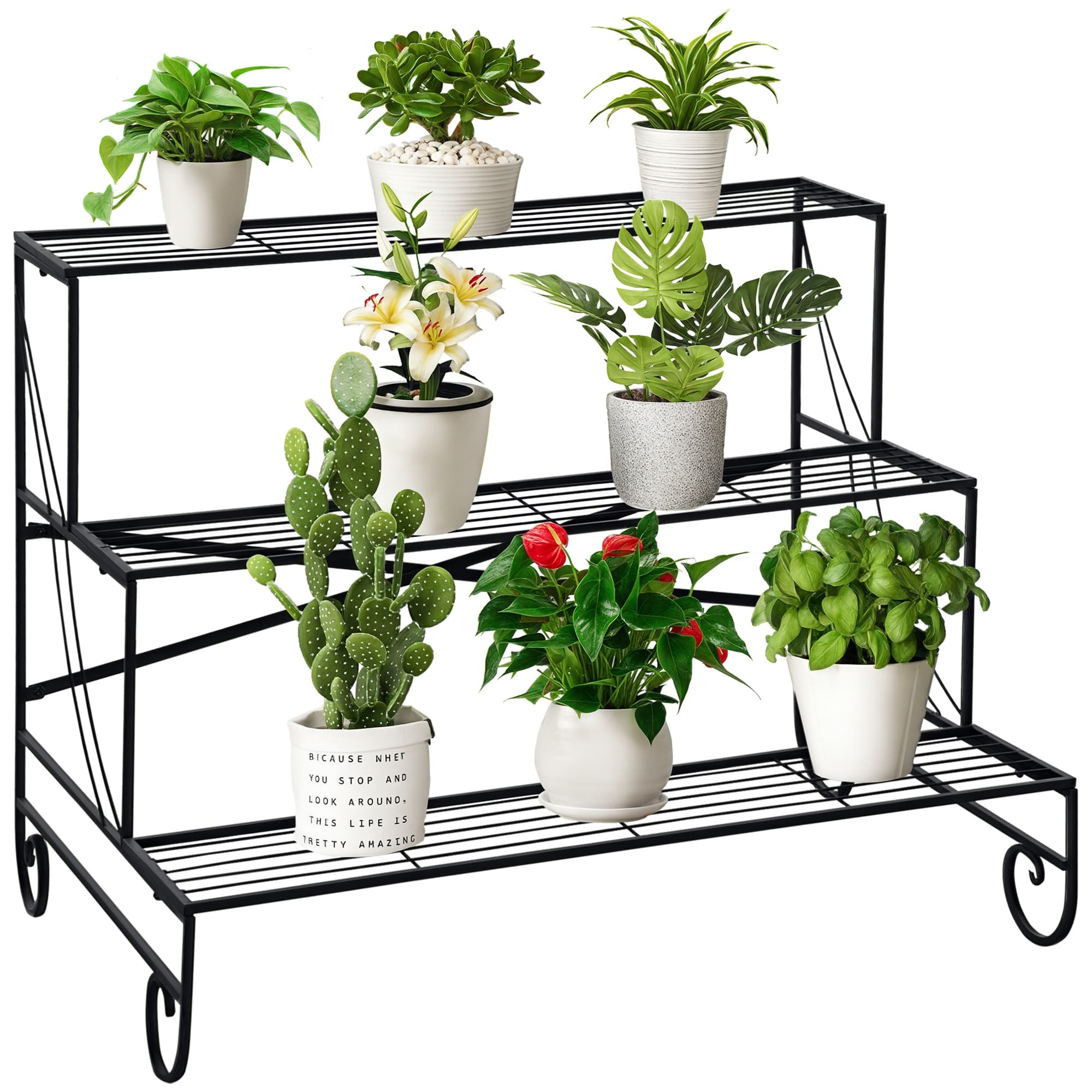 Outsunny Support pour plantes présentoir avec étagères en métal 3 niveaux forme escalier intérieur/extérieur dim. 95L x 63l x 72H cm noir-AOSOM.fr