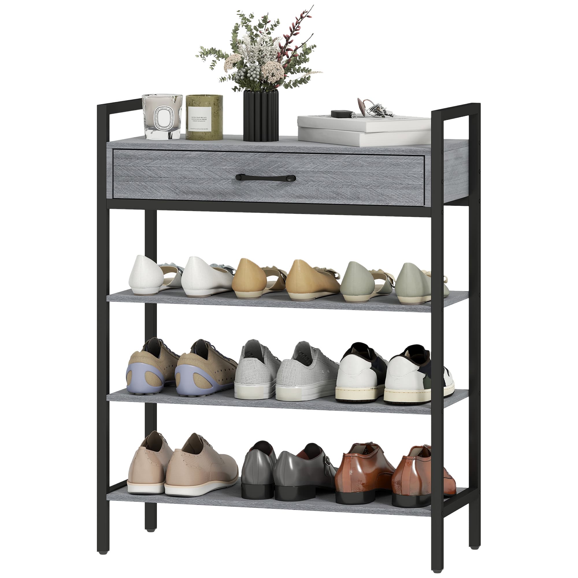 HOMCOM Étagère à chaussures de 4 niveaux, Étagère de hall pour jusqu'à 9 paires de chaussures, Panneau de particules, Métal, Gris