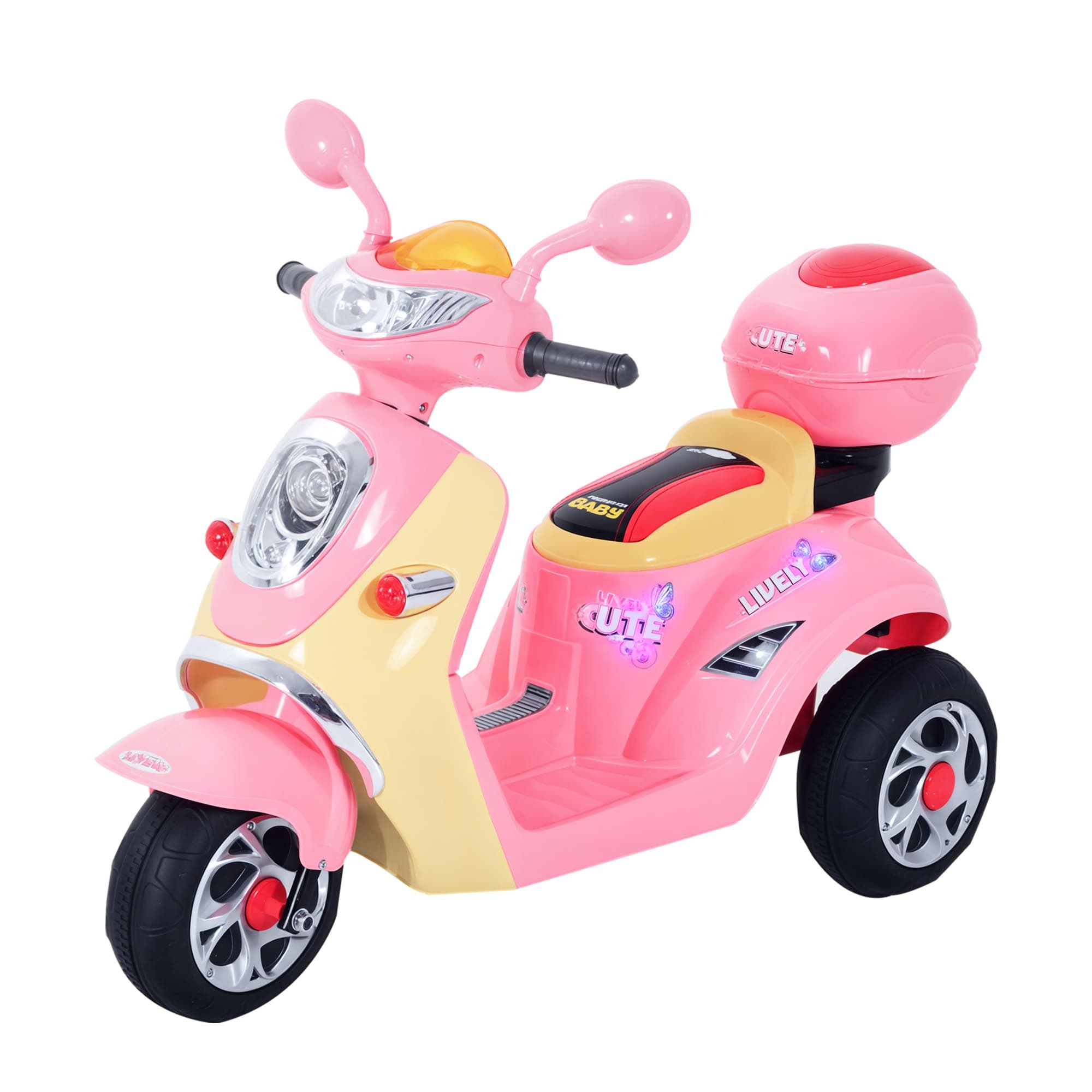 HOMCOM Moto scooter électrique pour enfants 6 V env. 3 Km/h 3 roues et topcase effet lumineux et sonore rose