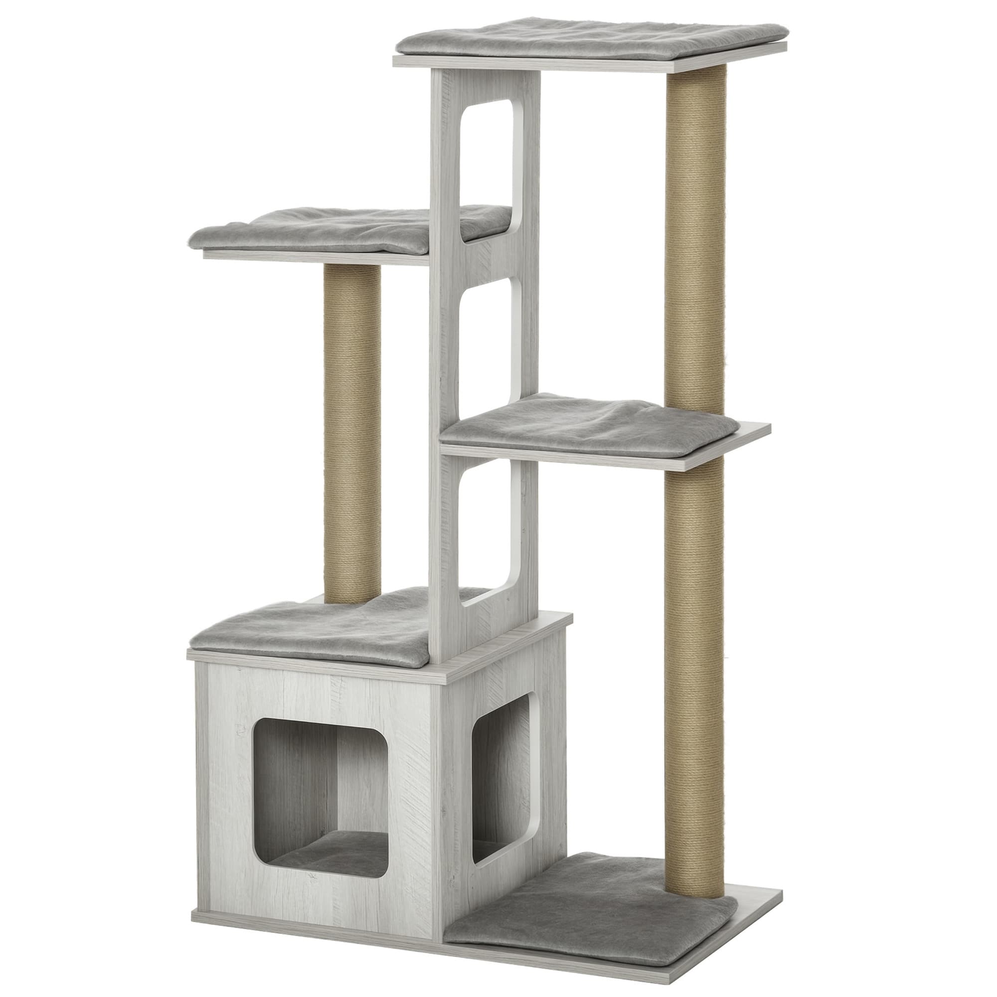 Pawhut Arbre à chats arbre pour chat centre d'activités niche plateformes griffoirs sisal naturel coussins amovibles MDF 67 x 38,5 x 114 cm gris