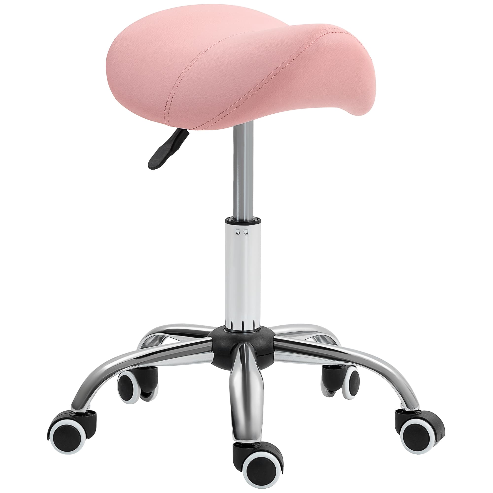 HOMCOM Tabouret à roulettes, chaise de travail avec hauteur réglable 49-61 cm et selle ergonomique, 52x53x49-61cm, rose