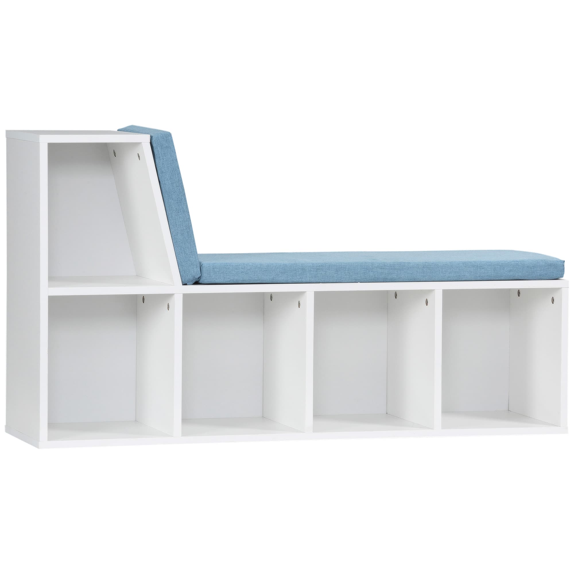 HOMCOM Bibliothèque banc 2 en 1 avec 5 compartiments de rangement et 2 coussins 108 x 30 x 60 cm blanc bleu