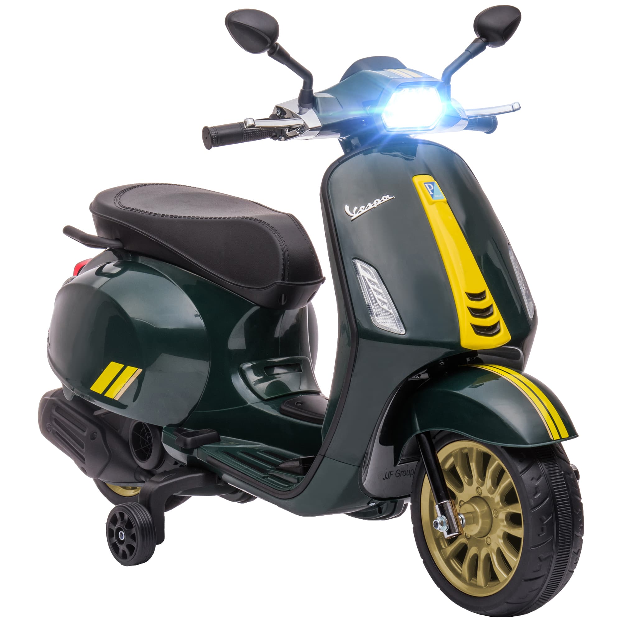 AIYAPLAY Scooter électrique enfant Vespa 6 V dim. 107L x 47l x 73H cm Musique MP3 Port USB Phare 2 roues d'entraînement - Vert