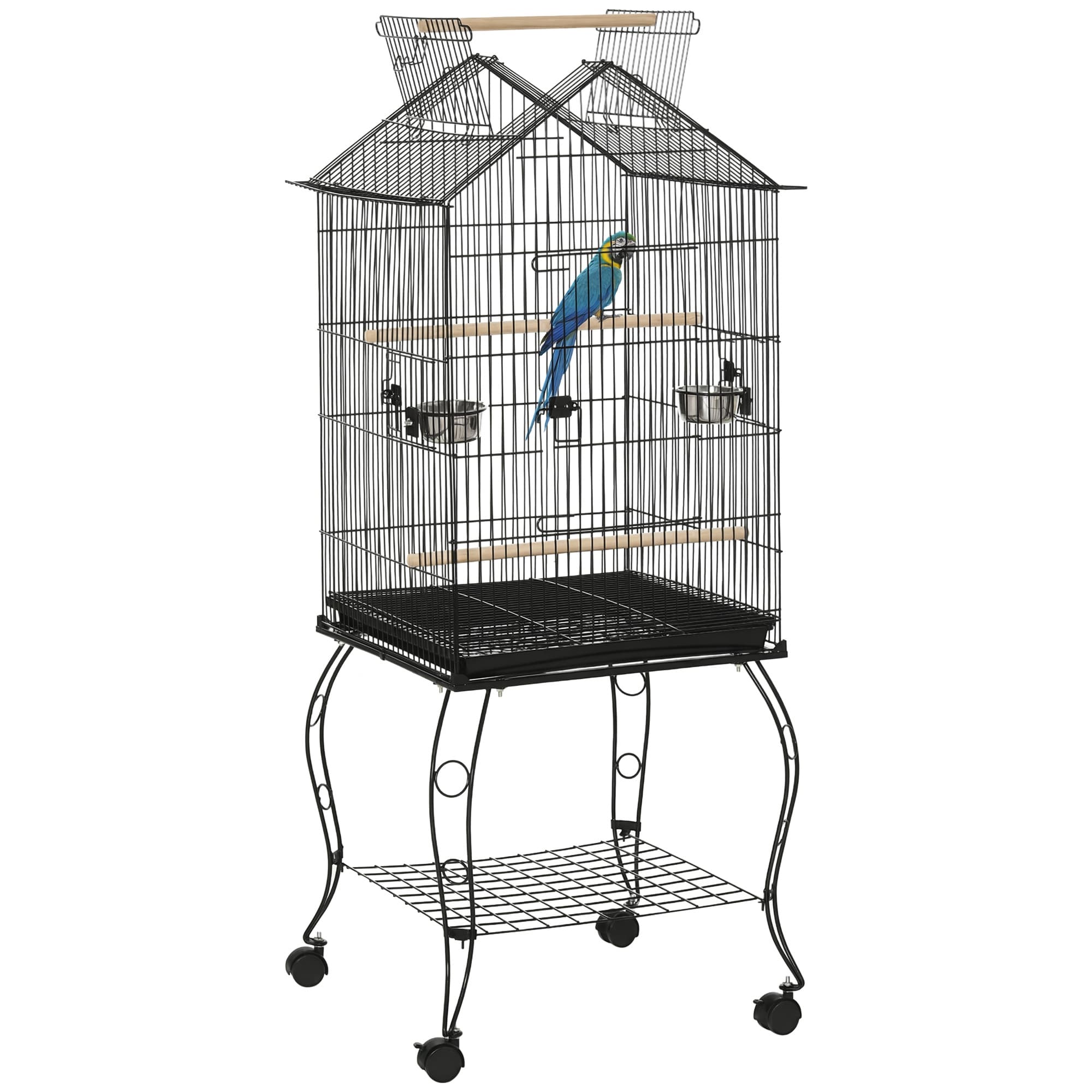 PawHut Cage à oiseaux sur pied avec 2 mangeoires perchoirs plateau amovible poignée et roulettes 50 x 58 x 137/145 cm noir