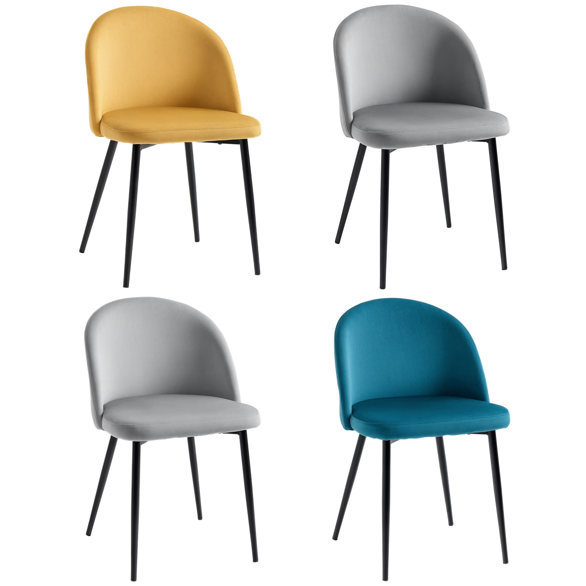 HOMCOM Chaises de salle à manger design scandinave - lot de 4 chaises - pieds effilés métal noir - assise dossier ergonomique velours multicolore