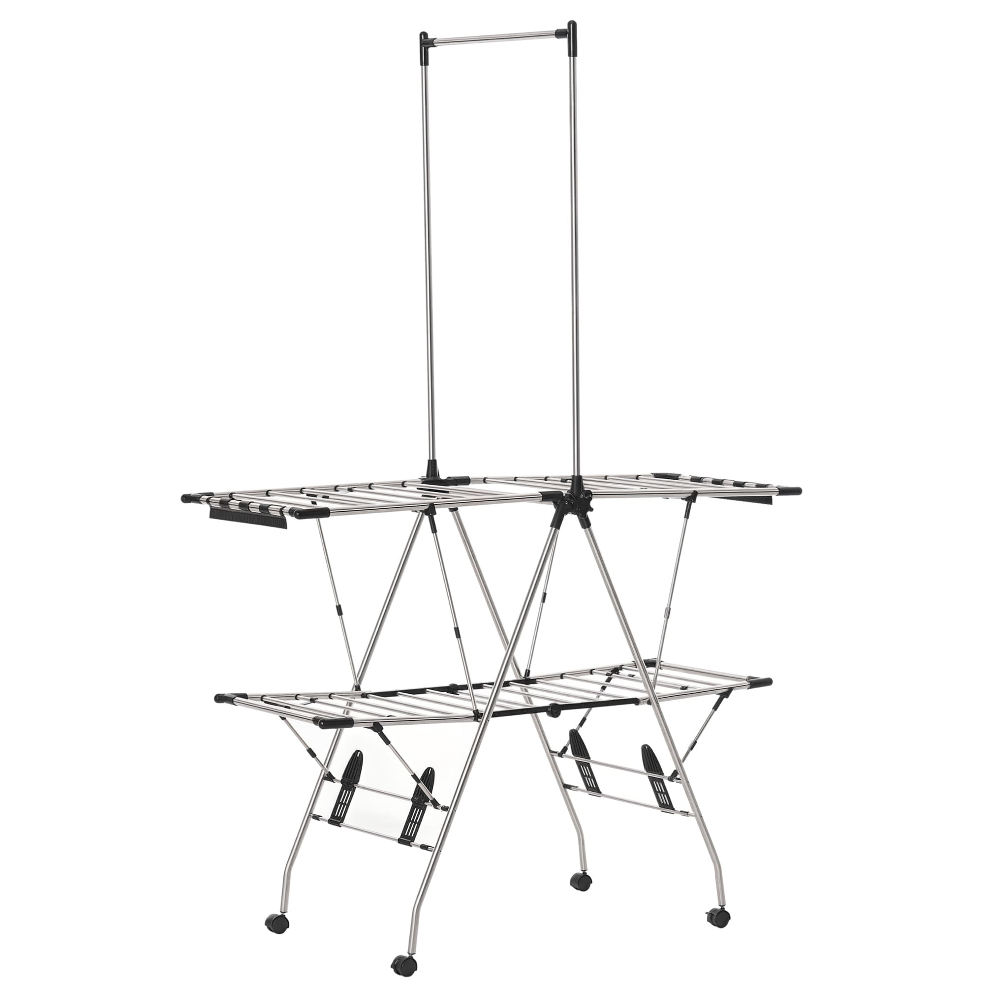 HOMCOM Séchoir à linge étendoir pliable avec roulettes grand espace d'étendage acier inoxydable 138,5 x 63 x 208 cm argent noir