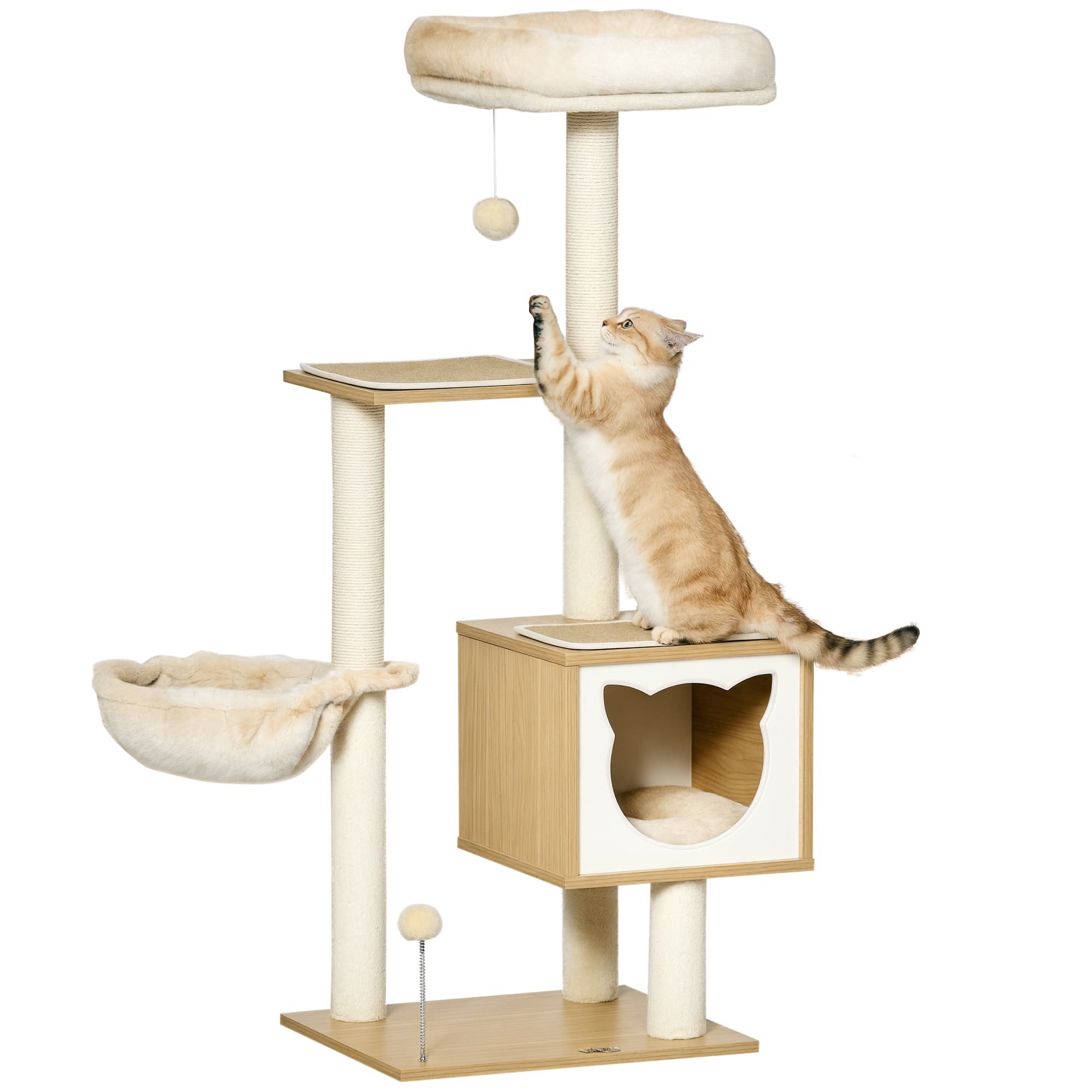 PawHut Arbre à chat griffoirs grattoirs multi-équipements niche hamac panier coussins amovibles hauteur 126 cm peluche courte sisal naturel beige