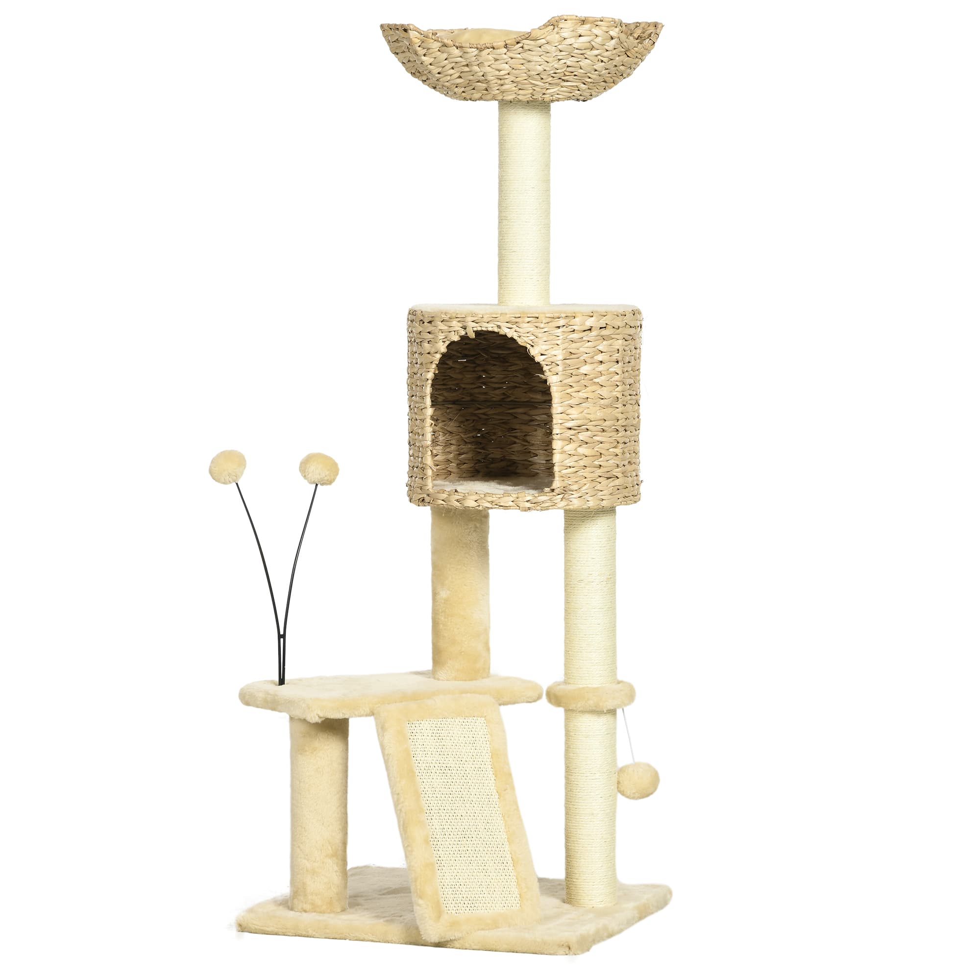 PawHut Arbre à Chat avec Niche Panier Plateformes Pompons Peluche Jacinthe d'Eau 116cm Beige Aosom France