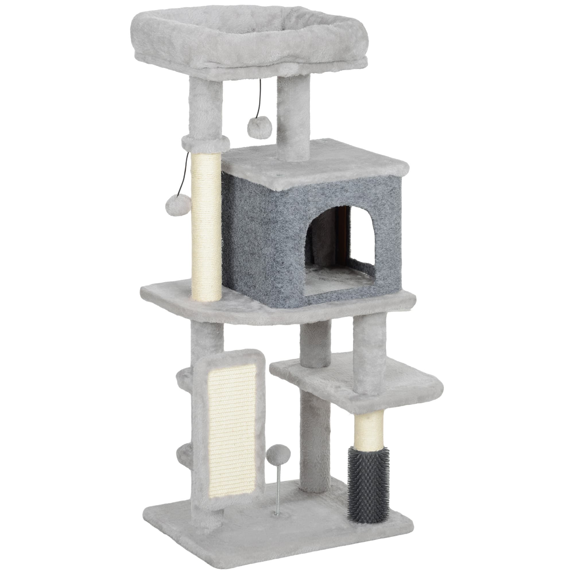 PawHut Arbre à chat, tour de jeux, hauteur de 104 cm, avec lit maison, brosse de toilettage, 44l x 34P x 104H cm, gris clair