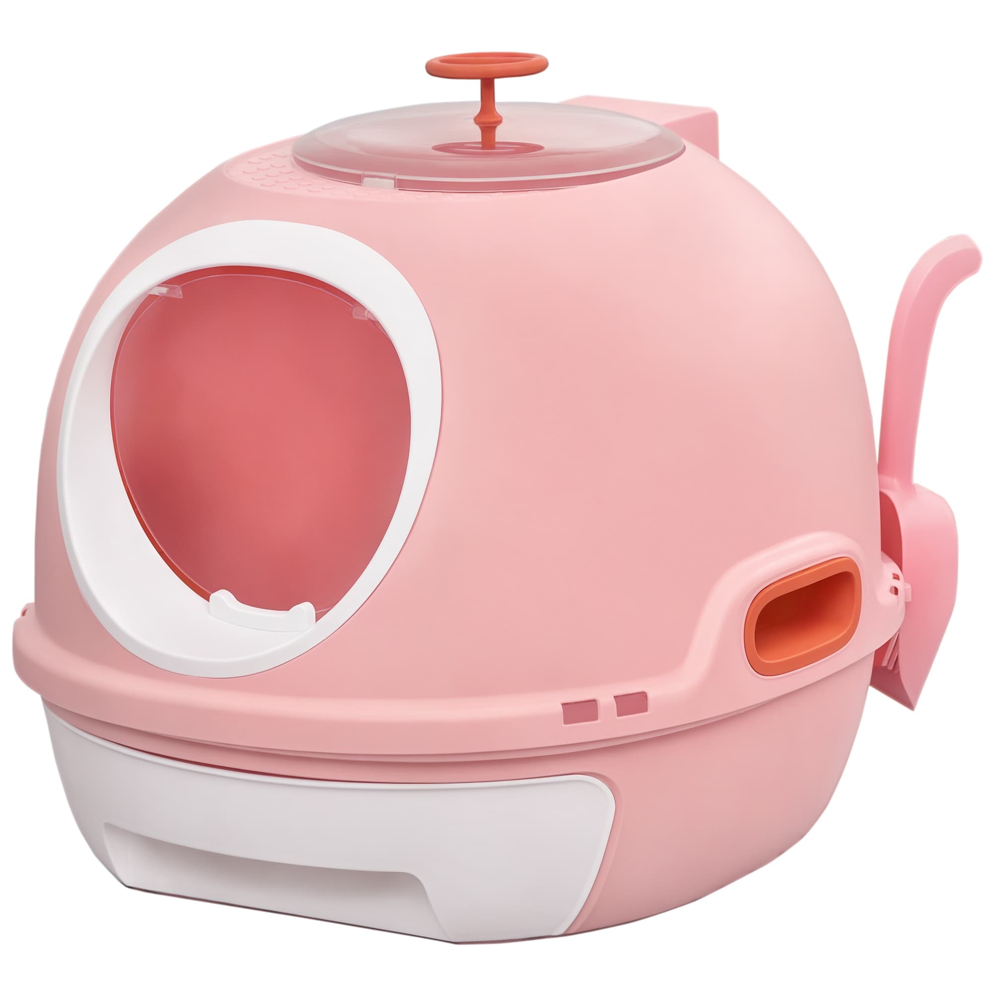 PawHut Bac à litière pour chat maison de toilette portable tiroir à litière coulissant porte battante lucarne + pelle fournis rose