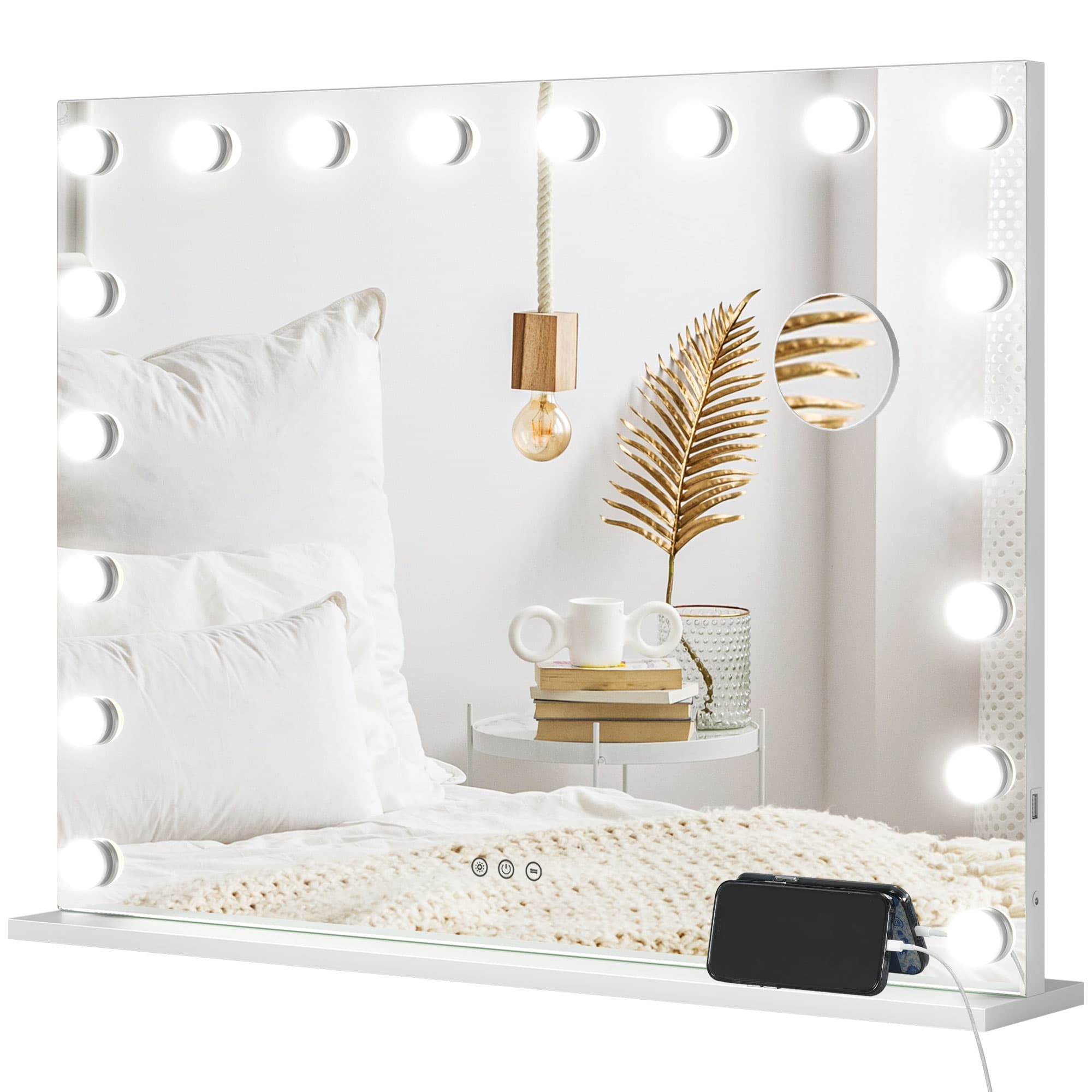 HOMCOM Miroir maquillage lumineux LED intensité réglable miroir grossissant port de charge USB, 80 x 62 cm