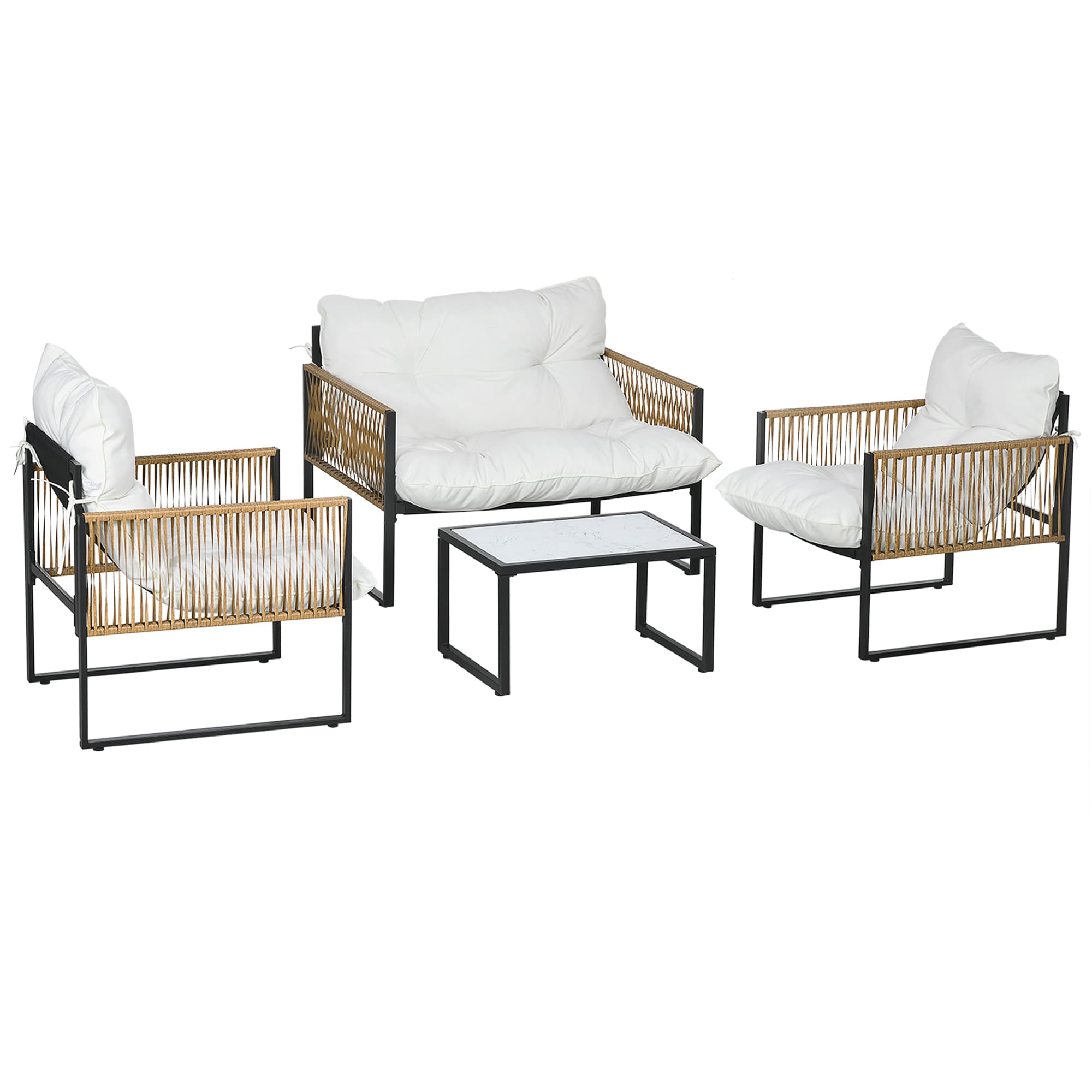 Outsunny Ensemble salon de jardin 4 pièces canapé 2 places 2 fauteuils et 1 table basse plateau verre trempé 3 coussins - crème