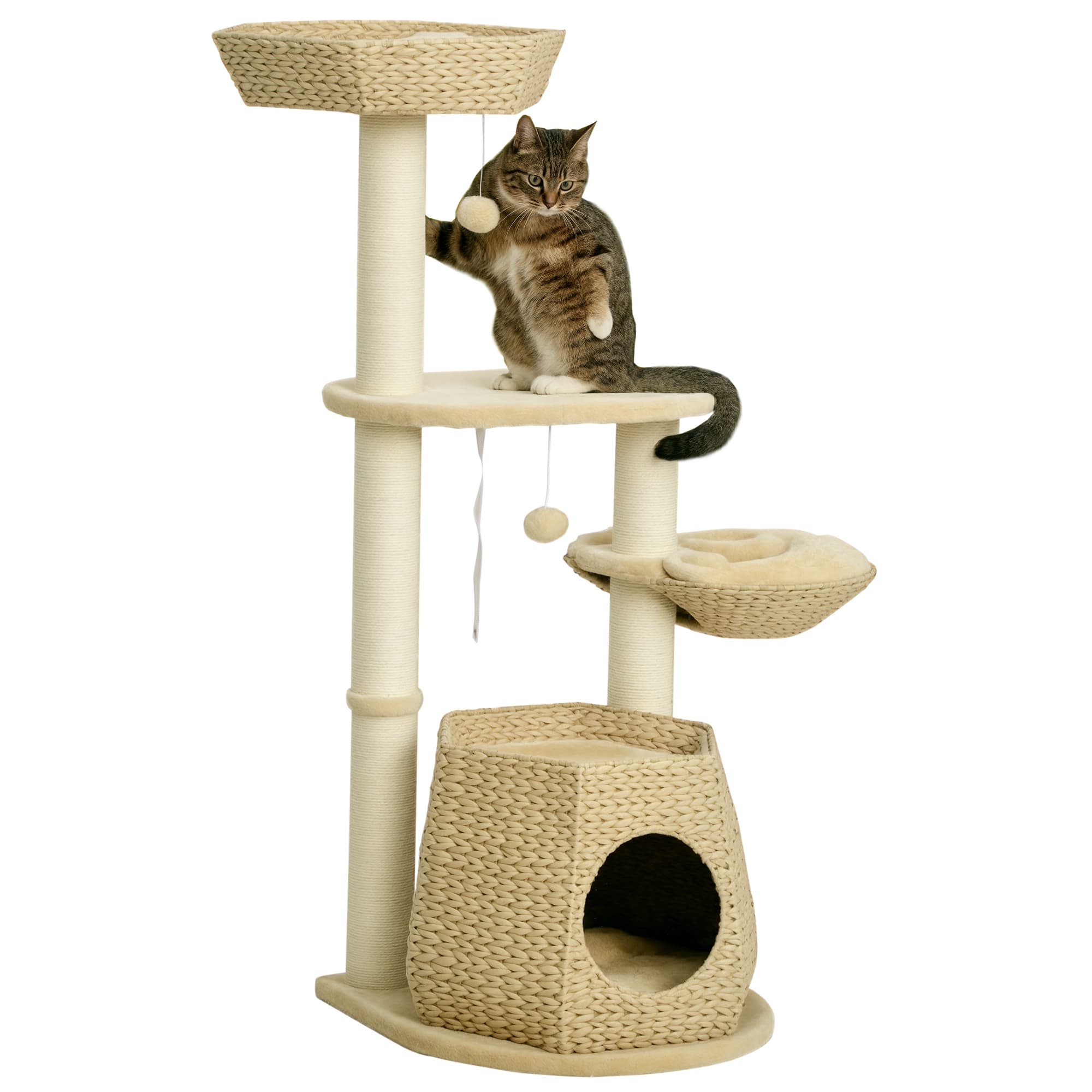 PawHut Arbre à chat griffoir chat hauteur 119 cm colonnes renforcées avec niche hamac 2 balles suspendues Aosom France