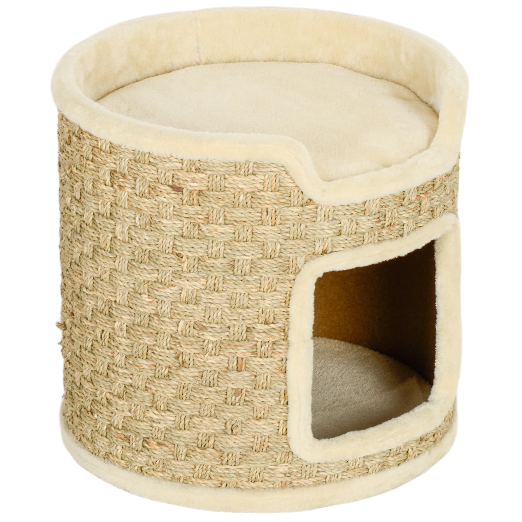 PawHut Tonneau à gratter pour chat, tonneau à chat, recouvert de peluche, capacité de 5 kg, Ø 38 x 37H cm kaki et beige