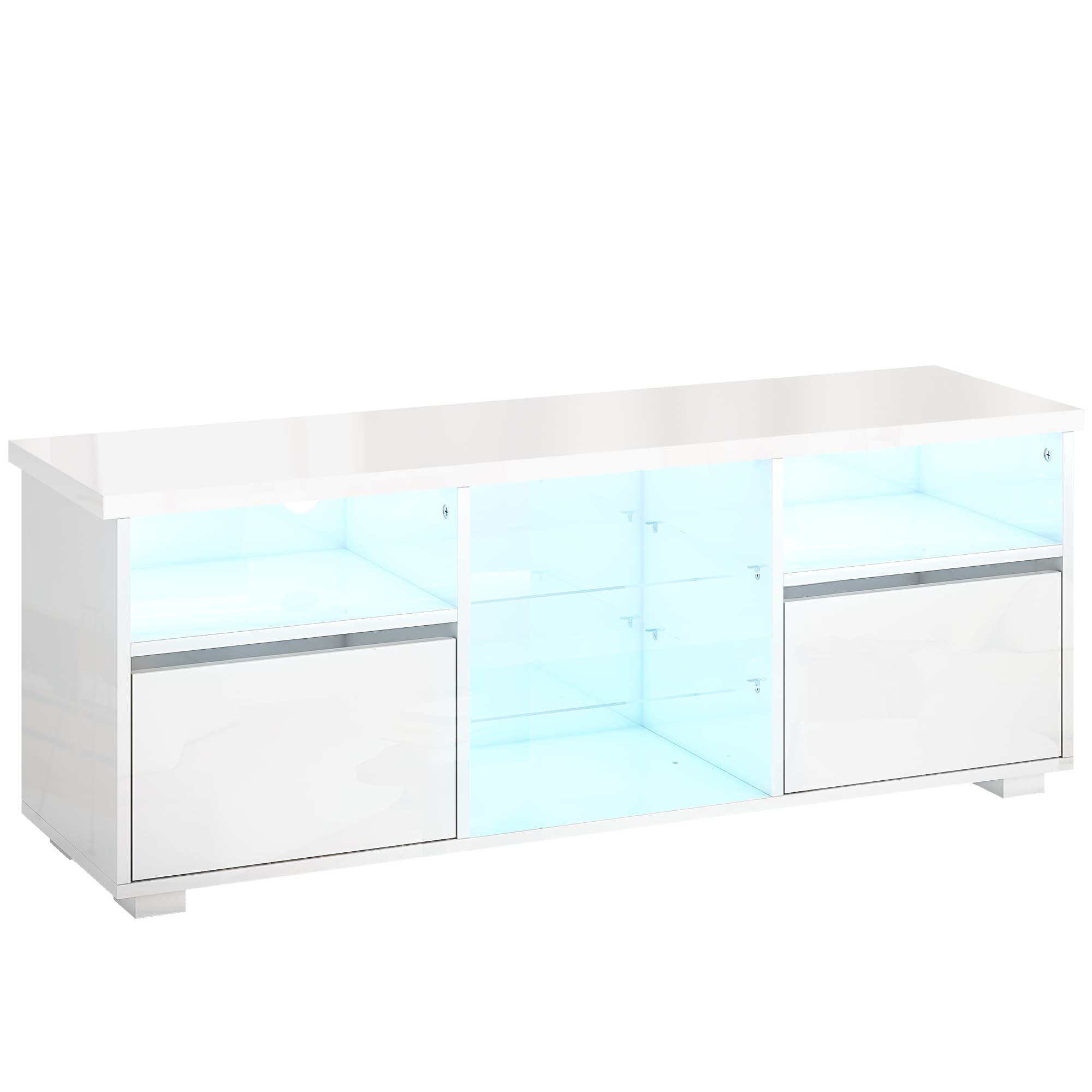HOMCOM Meuble TV 120 cm, meuble télé pour téléviseur jusqu'à 55 pouces éclairage LED et télécommande étagères en verre blanc