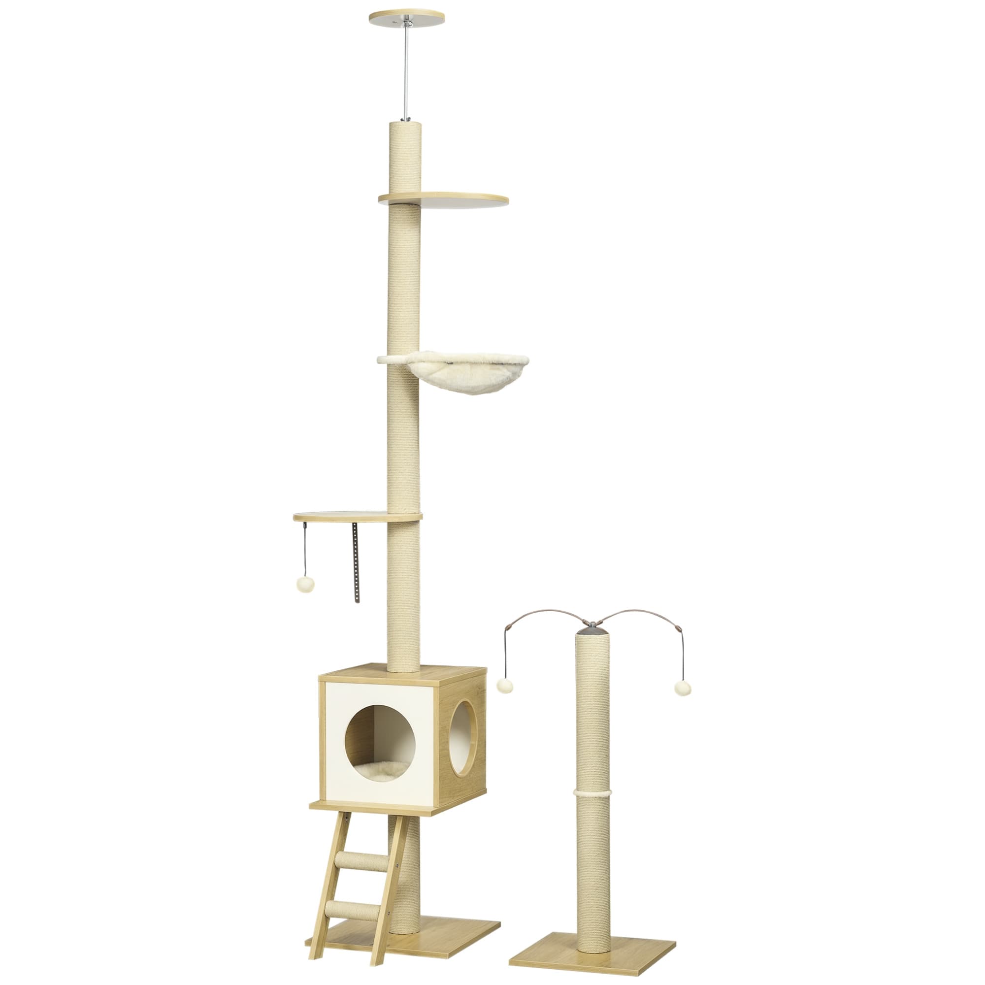 PawHut Arbre à chat sol au plafond hauteur réglable 225-285 cm avec poteau à gratter 4 niveaux niche hamac échelle jeux beige Aosom France