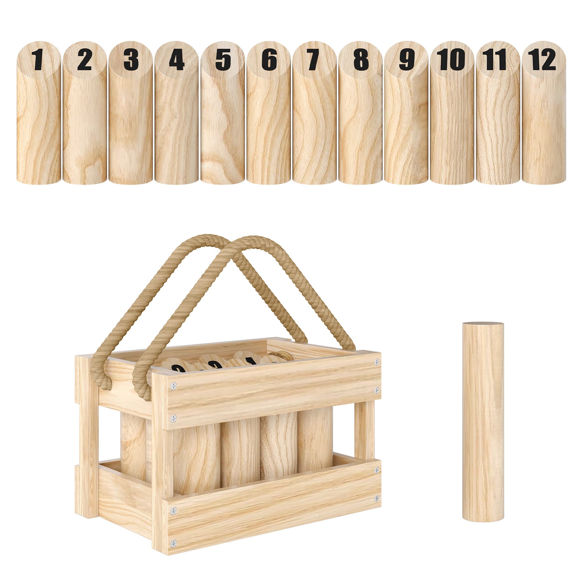 SPORTNOW Jeu de quilles finlandaises, jeu de plein air en bois de pin 12 quilles 1 bâton 1 boîte de transport effet bois naturel