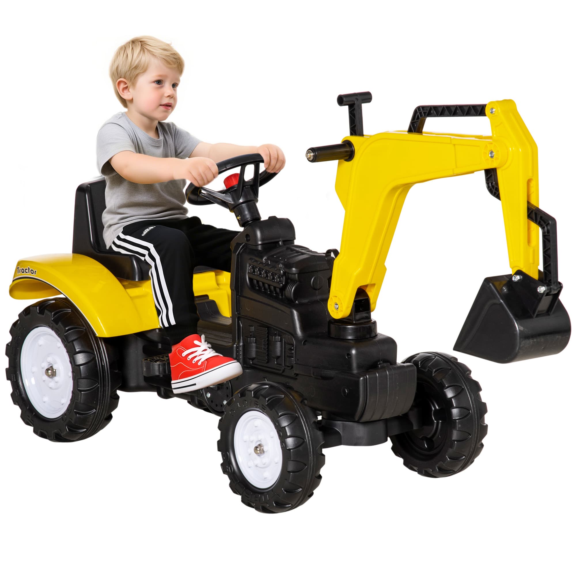 HOMCOM Tractopelle à pédales enfant de 3 à 6 ans avec pelleteuse articulée avant jaune