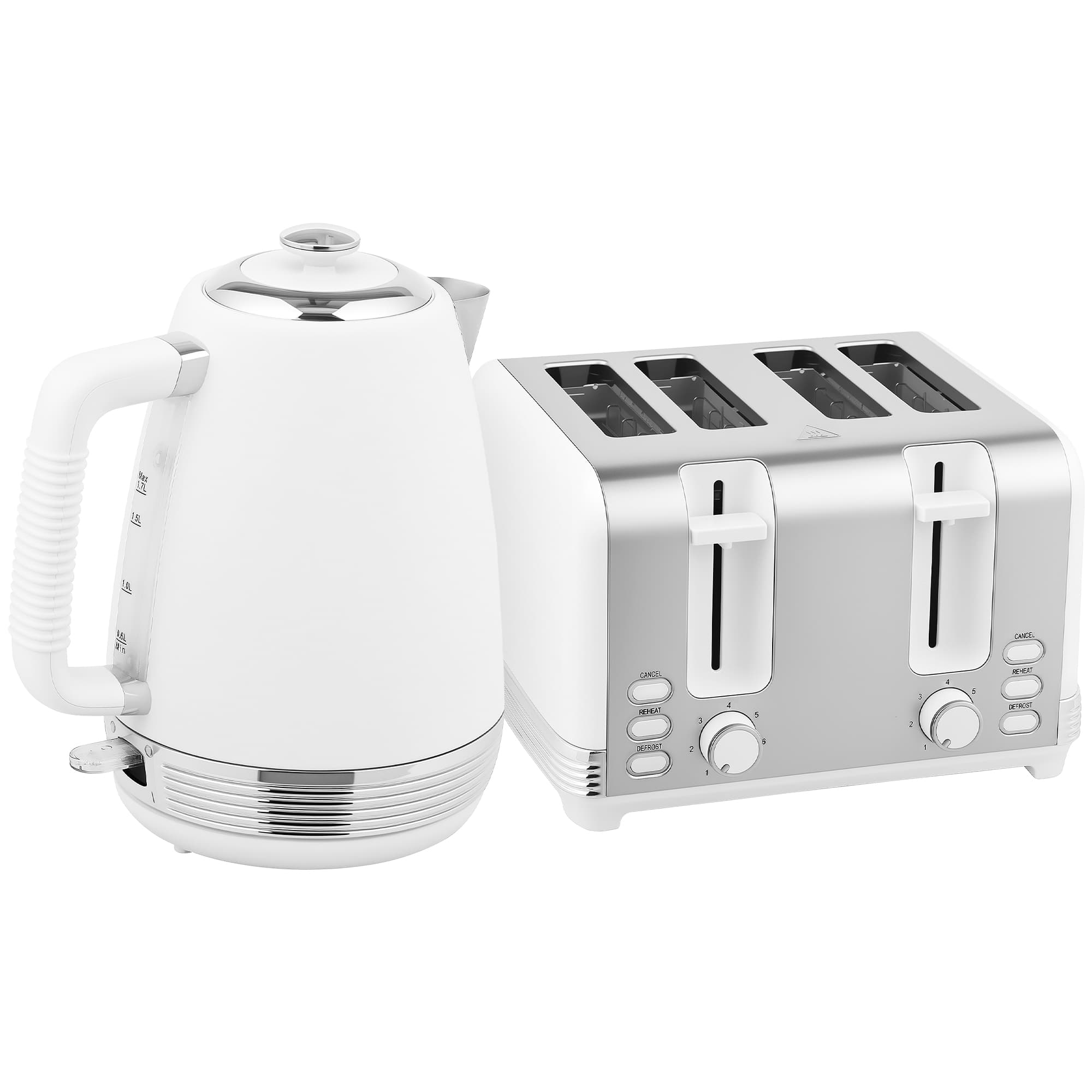 HOMCOM Ensemble bouilloire et grille-pain, bouilloire en acier inoxydable 1,7 L et 2200 W et grille-pain à 4 tranches, blanc