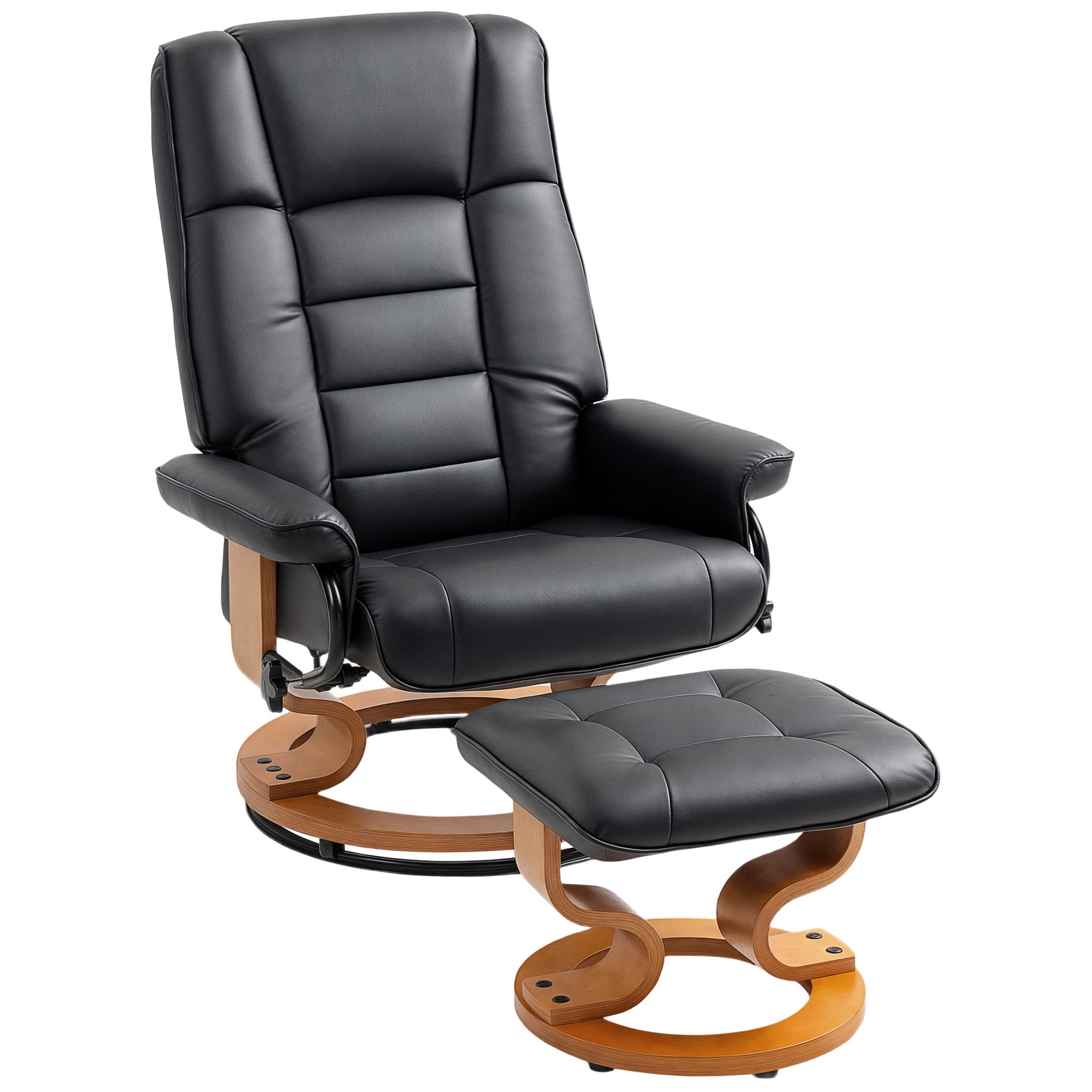HOMCOM Fauteuil de relaxation inclinable avec repose-pied, pivotant, cadre en bois , revêtement synthétique noir