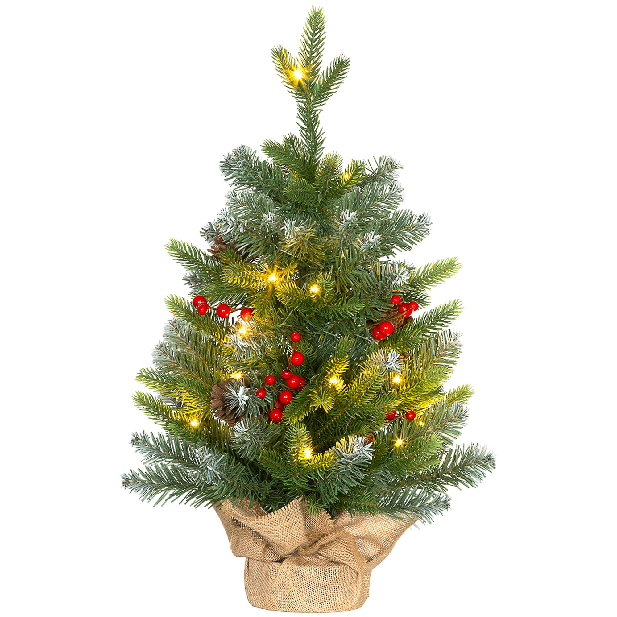 HOMCOM Sapin de Noël 60 cm arbre de Noël de table avec lumière LED, 141 pointes, pommes de pin et baies rouges, base en béton