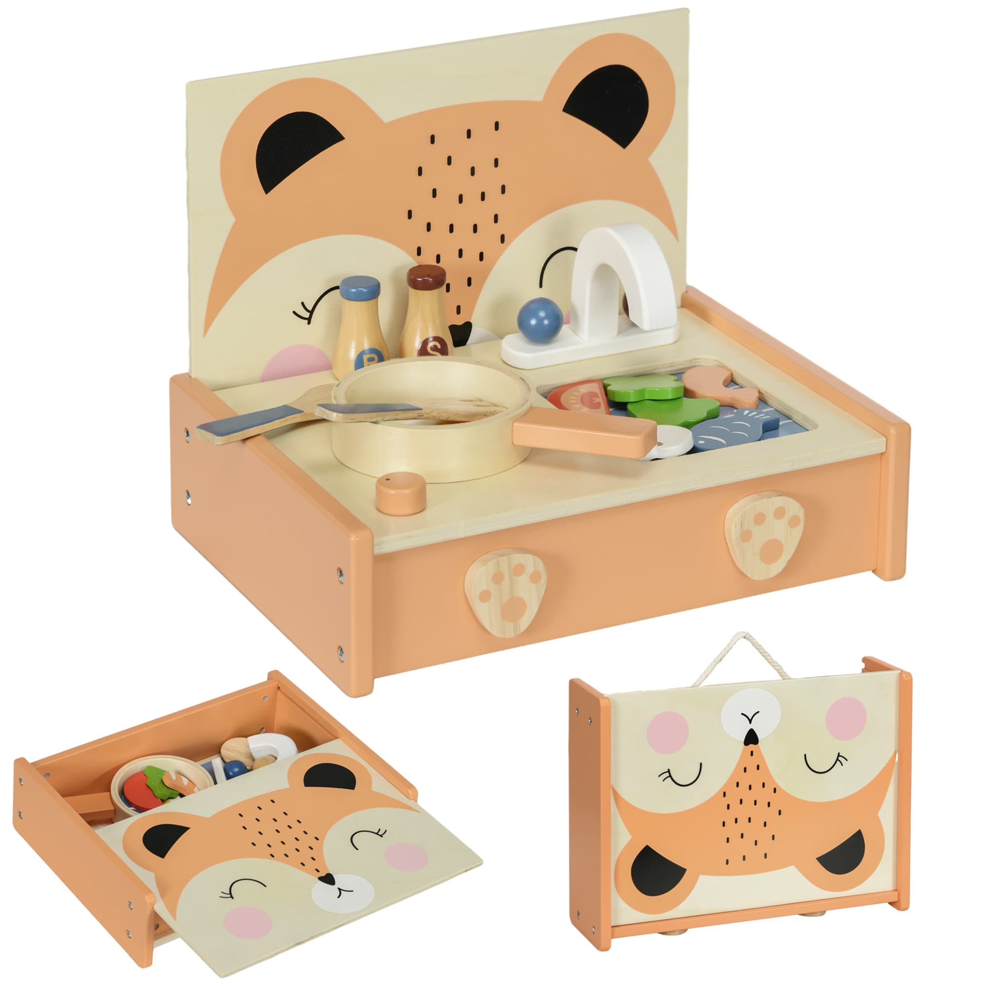 AIYAPLAY Mini-cuisine en bois jouet enfant avec 12 accessoires poêle spatule condiments fruits légumes - pour 3-5 ans -