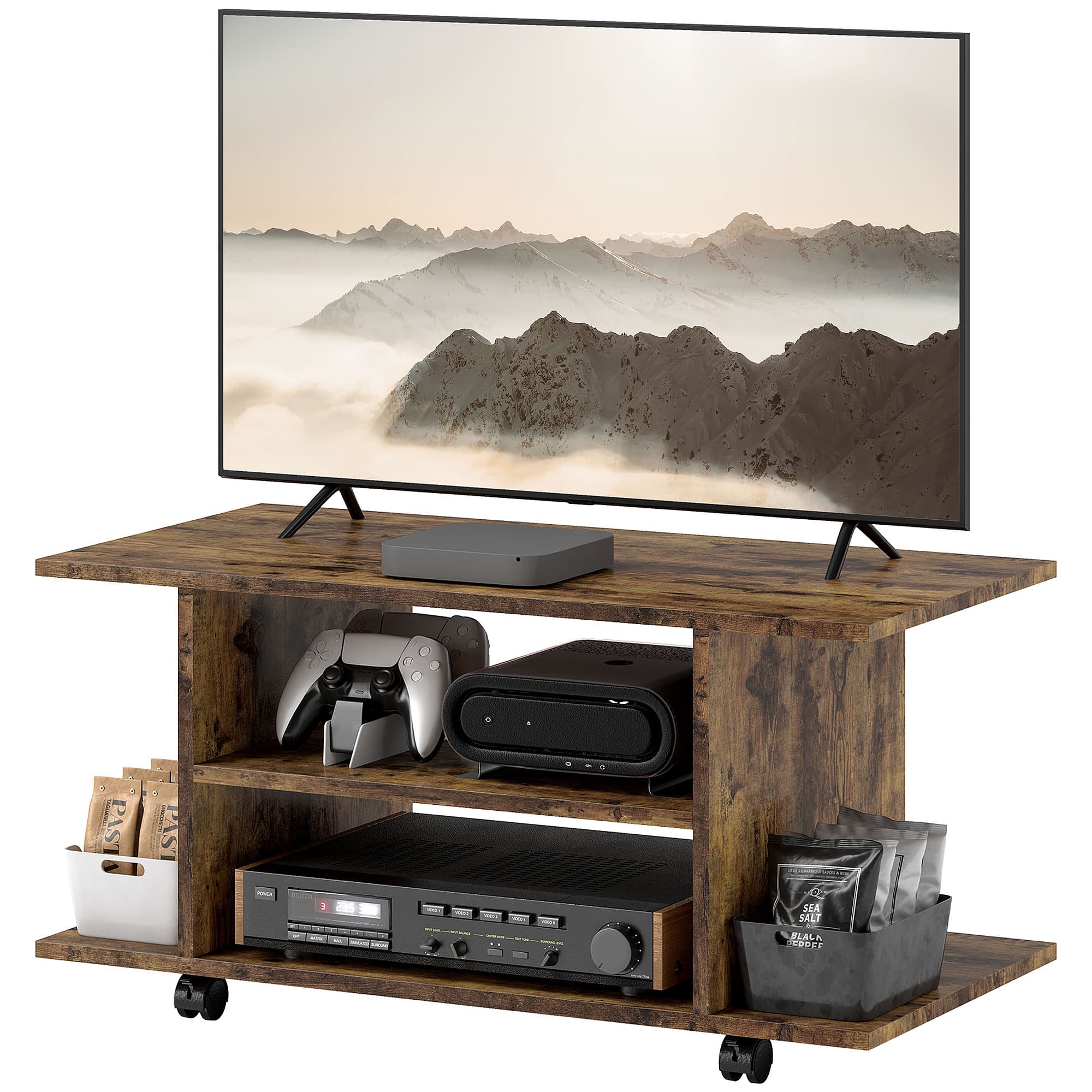 HOMCOM Meuble TV Moderne avec Étagères, Roulettes et Freins, 80x40x40 cm, Marron Rustique