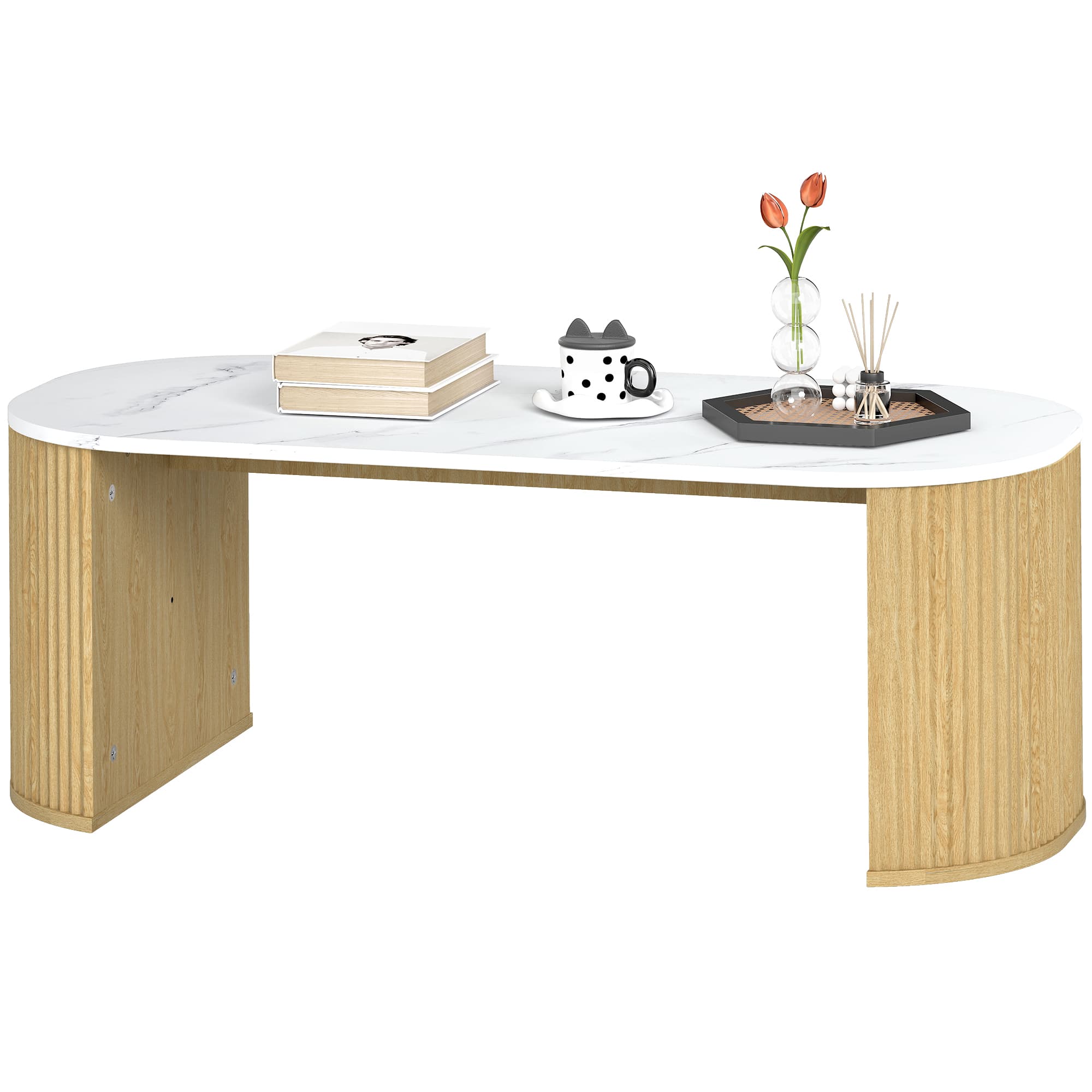 HOMCOM Table basse ovale, table d'appoint aspect effet marbre, coins arrondis pieds épais, 110 x 50 x 40 cm, blanc