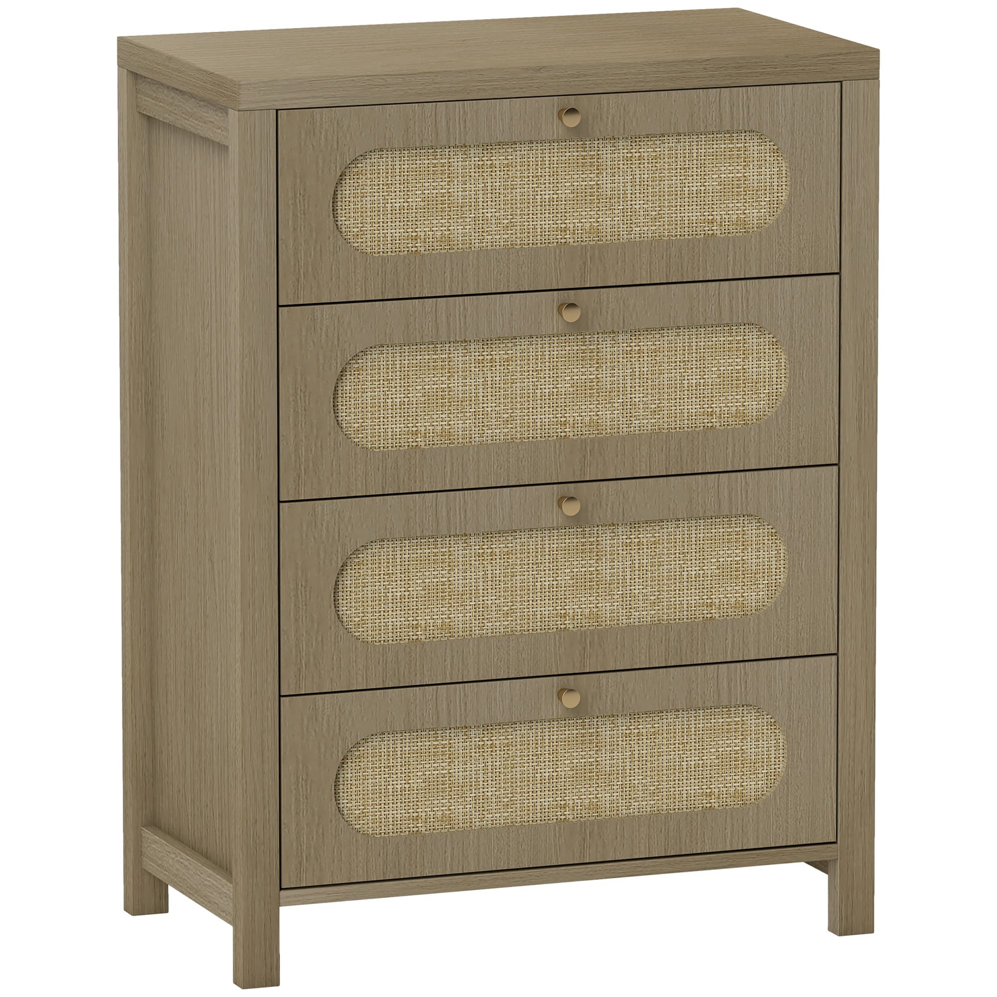 HOMCOM Commode 4 tiroirs meuble de rangement style bohémienne avec portes résine tressée, 70 x 38 x 93 cm, effet bois naturel