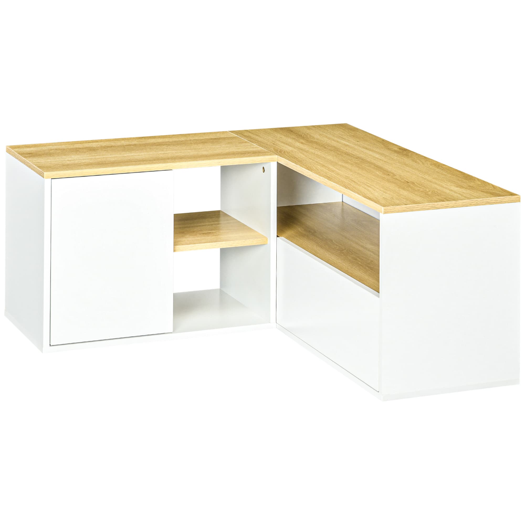 HOMCOM Meuble TV meuble télé d'angle banc télévision jusqu'à 40 pouces avec rangements aspect bois clair et blanc