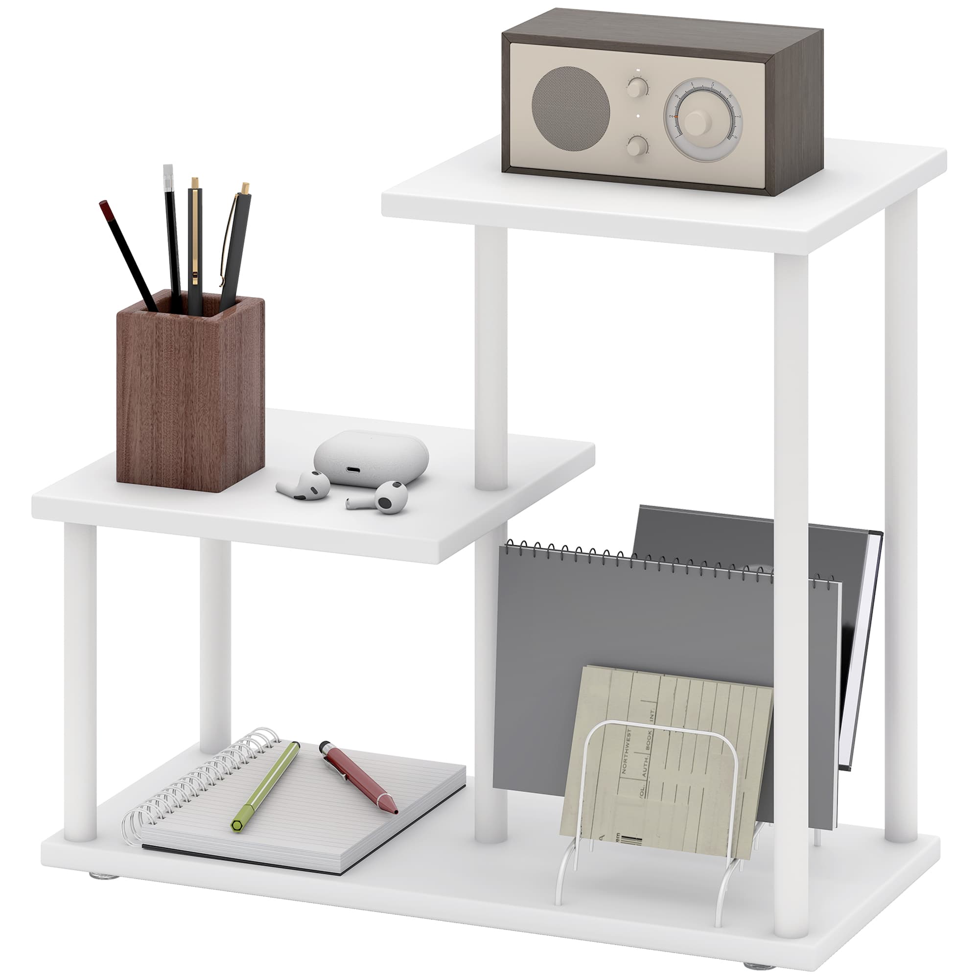 HOMCOM Étagère Bibliothèque de 3 Niveaux Effet Bois avec Cadre en Métal pour Bureau Cuisine 40x20x34,5 cm Blanc