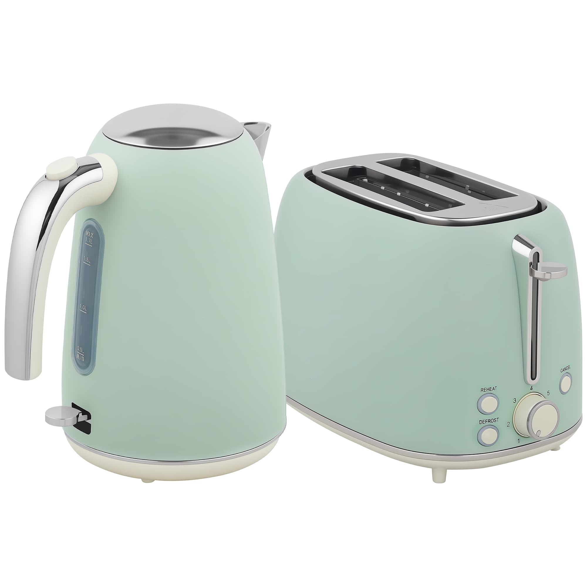 HOMCOM Ensemble bouilloire et grille-pain, bouilloire en acier inoxydable 1,7 L et 2200 W et grille-pain à 2 tranches, vert