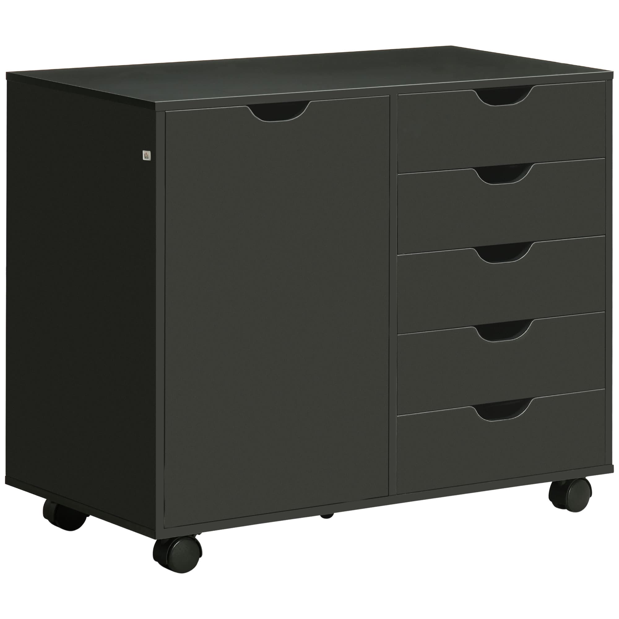 HOMCOM Caisson de bureau avec 5 tiroirs 1 porte étagère réglable, support imprimante sur roulettes, 78x40x66,5 cm, noir