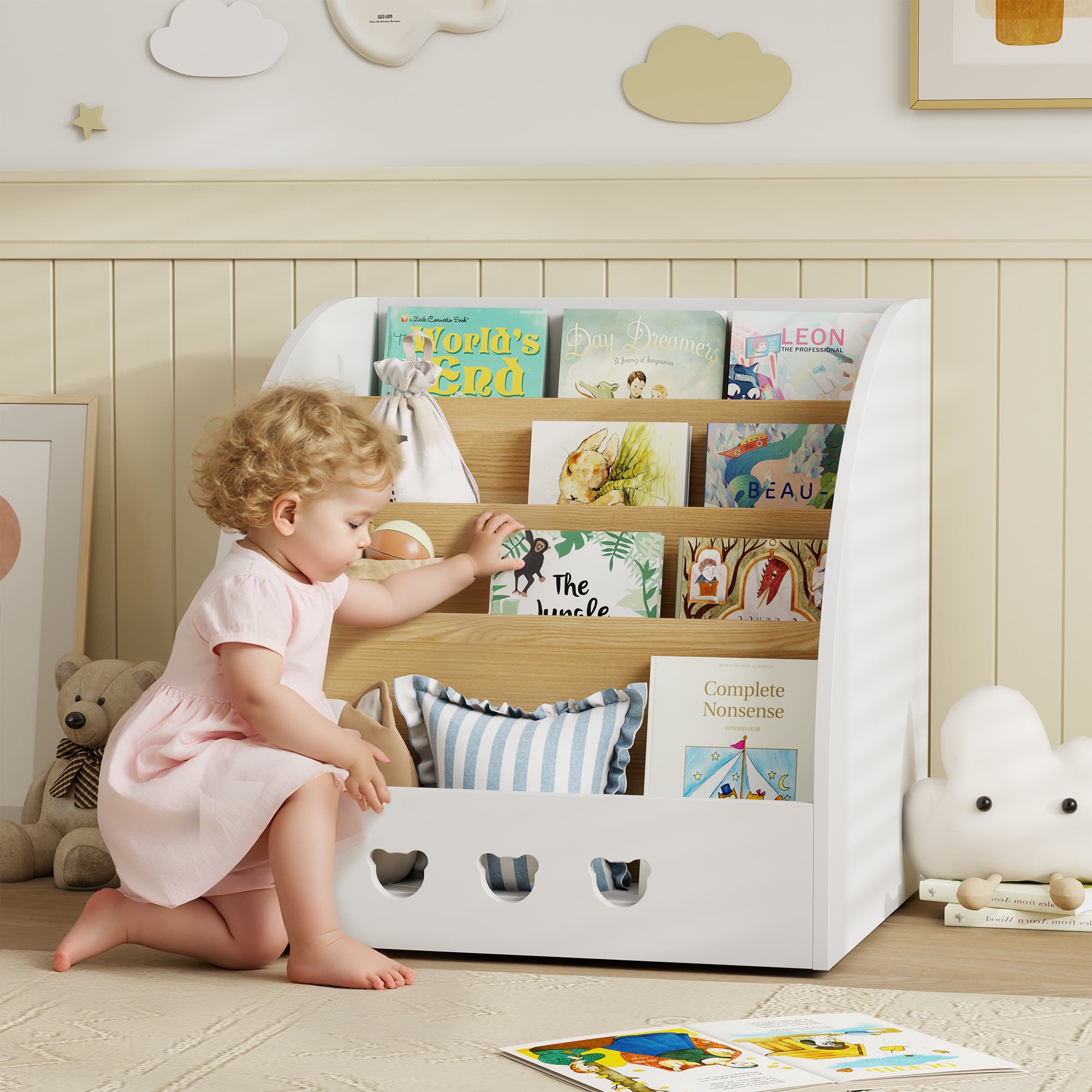 AIYAPLAY Étagère pour Enfants pour Jouets 4 Niveaux pour Chambre d'Enfant Salle de Jeux 60x53x60 cm Blanc et Naturel