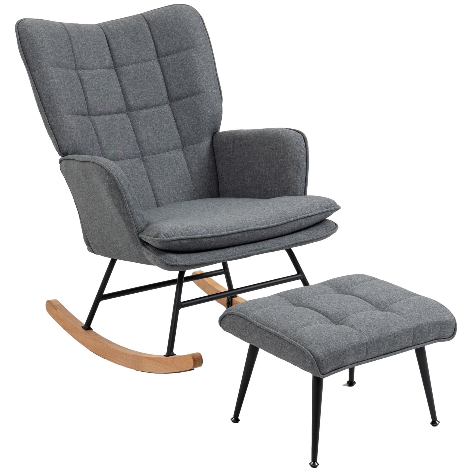 HOMCOM Fauteuil à bascule avec repose-pieds, rocking chair, assise large, dossier haut, coussin inclus, 64 x 89 x 90 cm, gris
